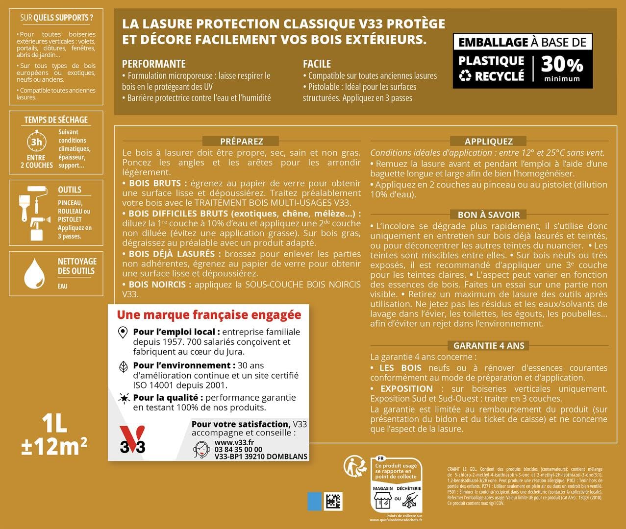 V33 Lasure Bois extérieur Incolore 0,75L Protection Classique 4 ans Anti-goutte