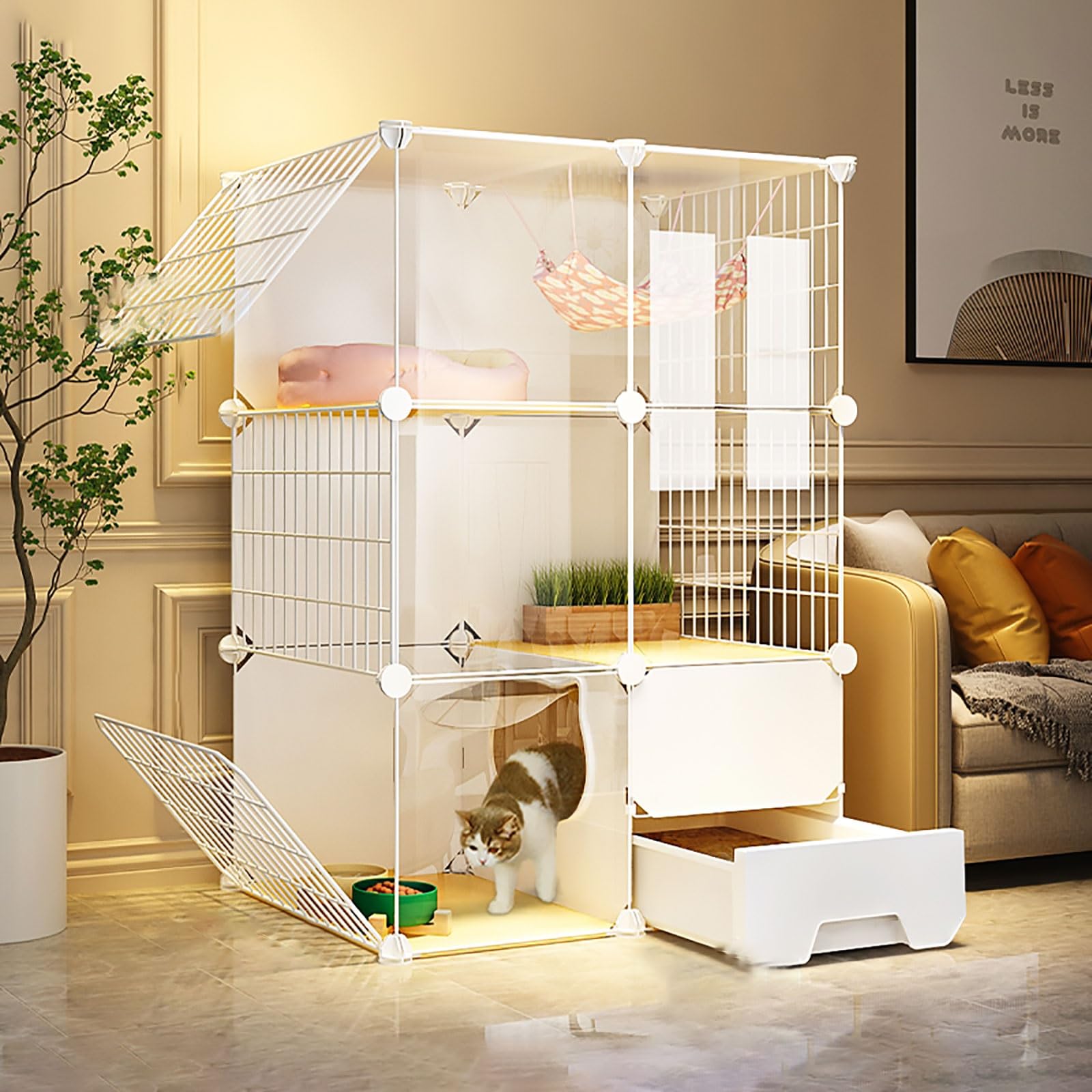 asdchZen Indoor Cat Cage Playpen,Semi-Enclosed Detachable Cat Crate Cat Enclosure Small Animal Cage With Ladder/Litter Box/Cat Nest/Cat Bowl,Large Exercise Place,Without Wheels-72x47x107cm
