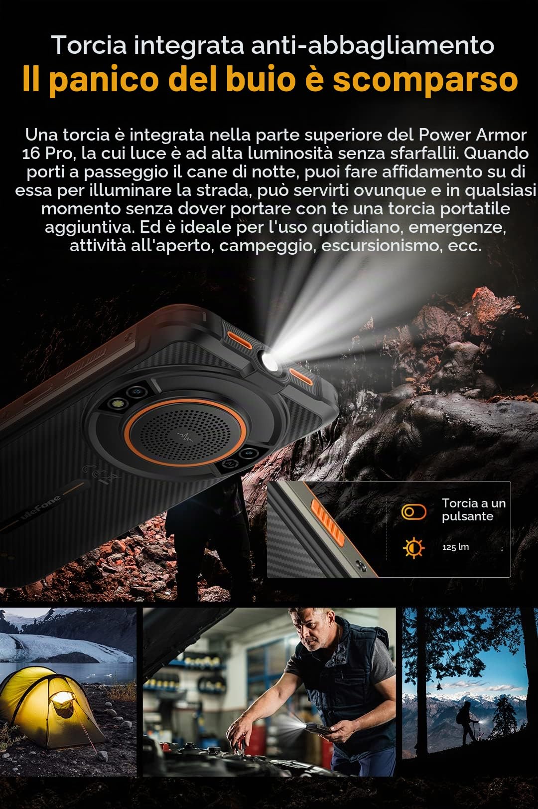 Smartphone Rugged Ulefone ARMOR 16 PRO Android 12, Altoparlante 122dB, 9600mAh Batteria, Torcia Antiriflesso, Fotocamera 16MP+8MP, 4GB+64GB, 5,93" IP68 Cellulare Robusto, Slot Per 3 Schede, Arancia