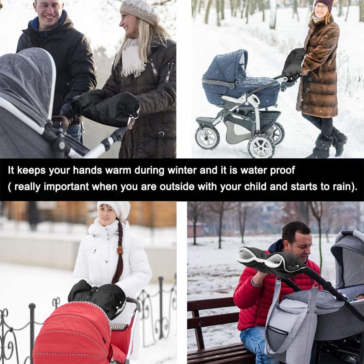 Gant Poussette Protège-Mains, Doux Chaud Coupe-Vent et Imperméable Gant, Antigel Gants, Manchon avec Intérieur en Polaire, pour La Plupart des Poussette Landau, Noir
