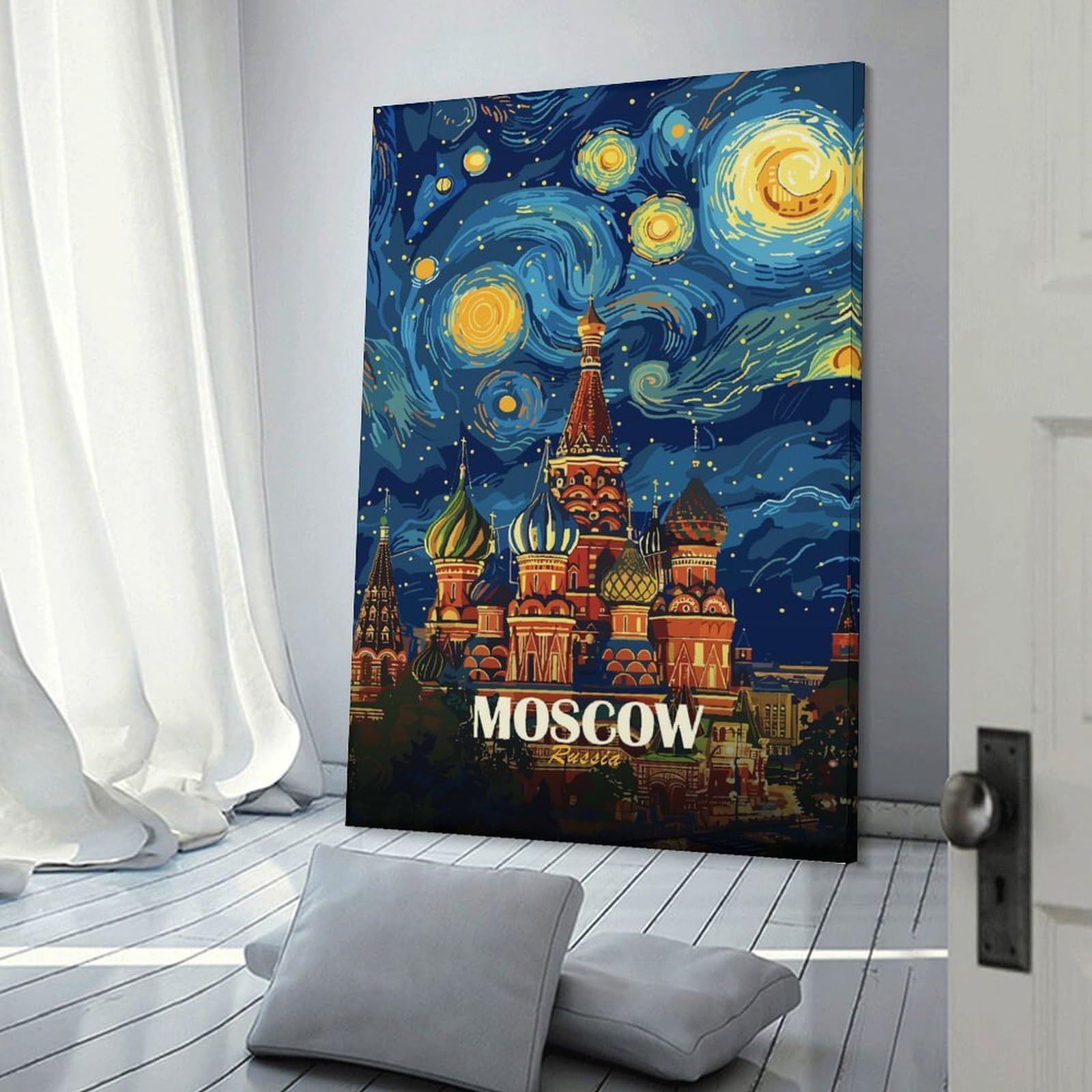 Junmoney Canvas Wall Picture Moscow Russia Starry Night Style Art, 24x36inch(60x90cm), for Calm Bedrooms, Home Corners Or Flats, Decorative Wall Art for Cosy Rooms