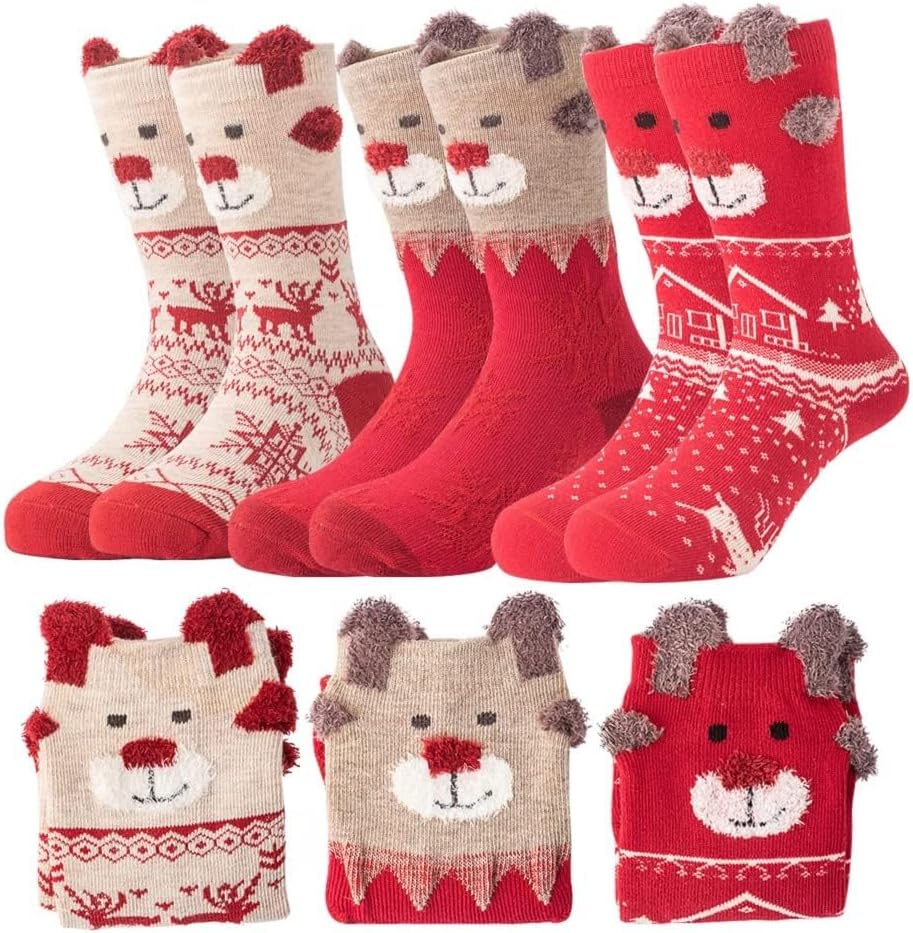 3 Pairs of Womens Winter Socks Christmas Socks with Christmas Motif Colourful Novelty Christmas Socks Socks for Women red