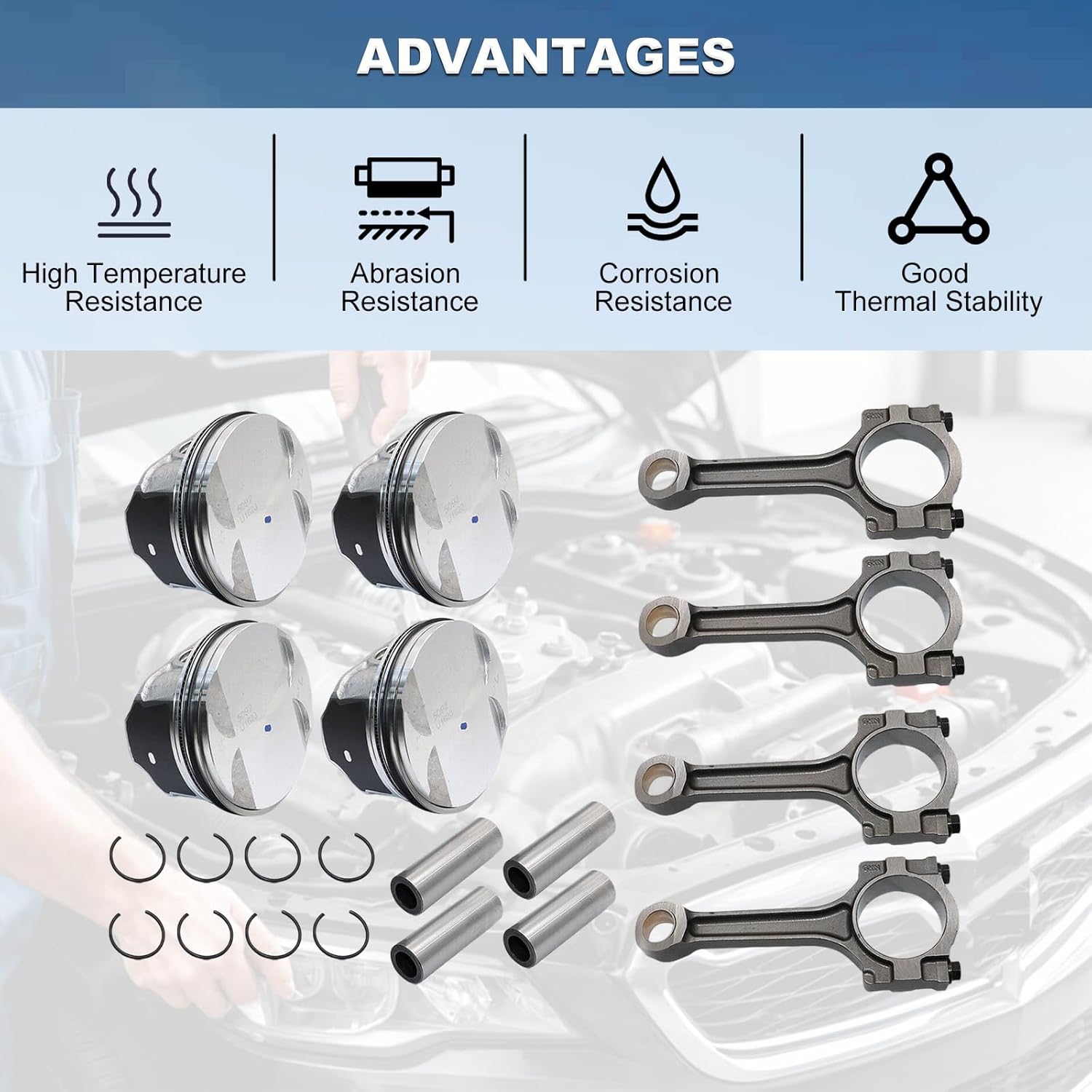 12654958 12578324 4PCS Pistons Rings & Connecting Rod Kit Compatible with Buick Chevy GMC Saturn 2.4L Replace OE 12578326 89018112 12593744 12598216