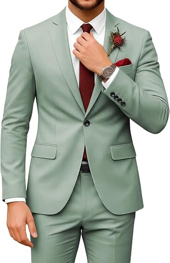 Mens 2 Piece Suit Slim Fit Wedding Prom Party Business Suit Notch Lapel One Button Blazer and Pants Tuxedo Set
