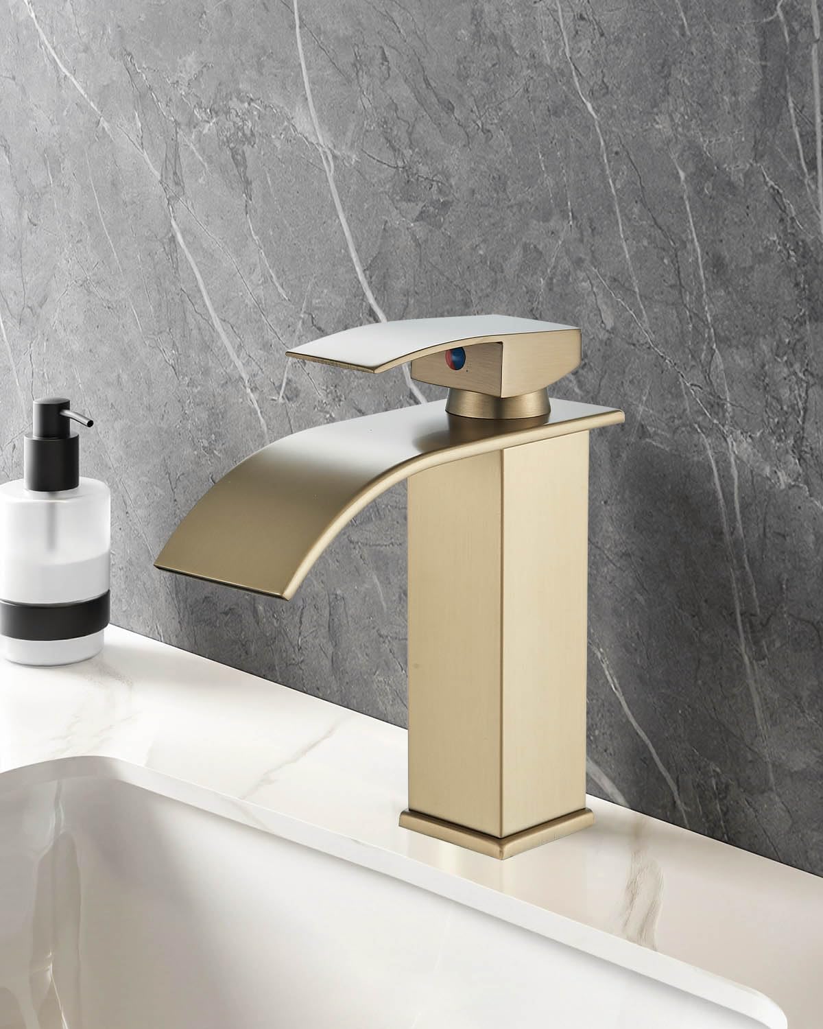 Moderne Robinet Salle de Bain Cascade, Design Elégant Robinet Lavabo, Eau Chaude et Froide Disponible,Robinet Mitigeur de Salle de Bain à Cascade à Trous,Finition Dorée Brossée