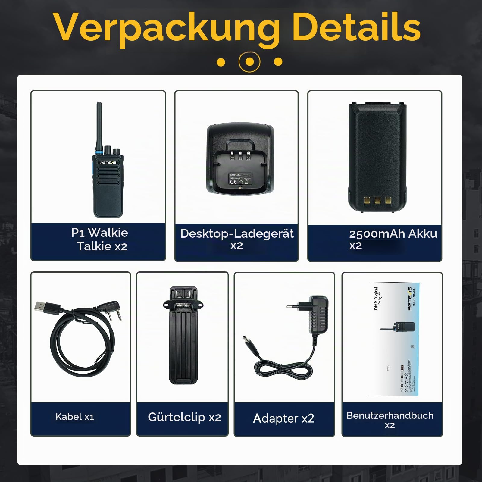 Retevis P1 DMR Profi Funkgerät, Digital Walkie Talkie Große Reichweite | Profi Digitalfunkgerät mit Relais & Aufnahme, Kompatibel mit MOTOTRBO AES-Verschlüsselung, für Herstellung, Schwarz, 2 Stück