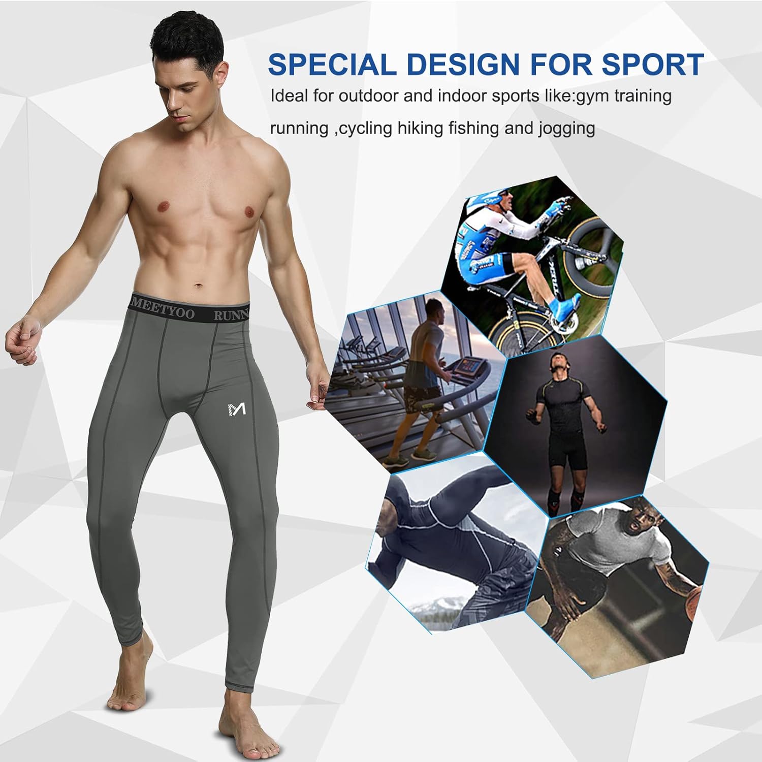MEETYOO Men's Standard Compression Pants, Cool Dry Sports Workout Running Tights Leggings, Black+Grey, Large - Image 2