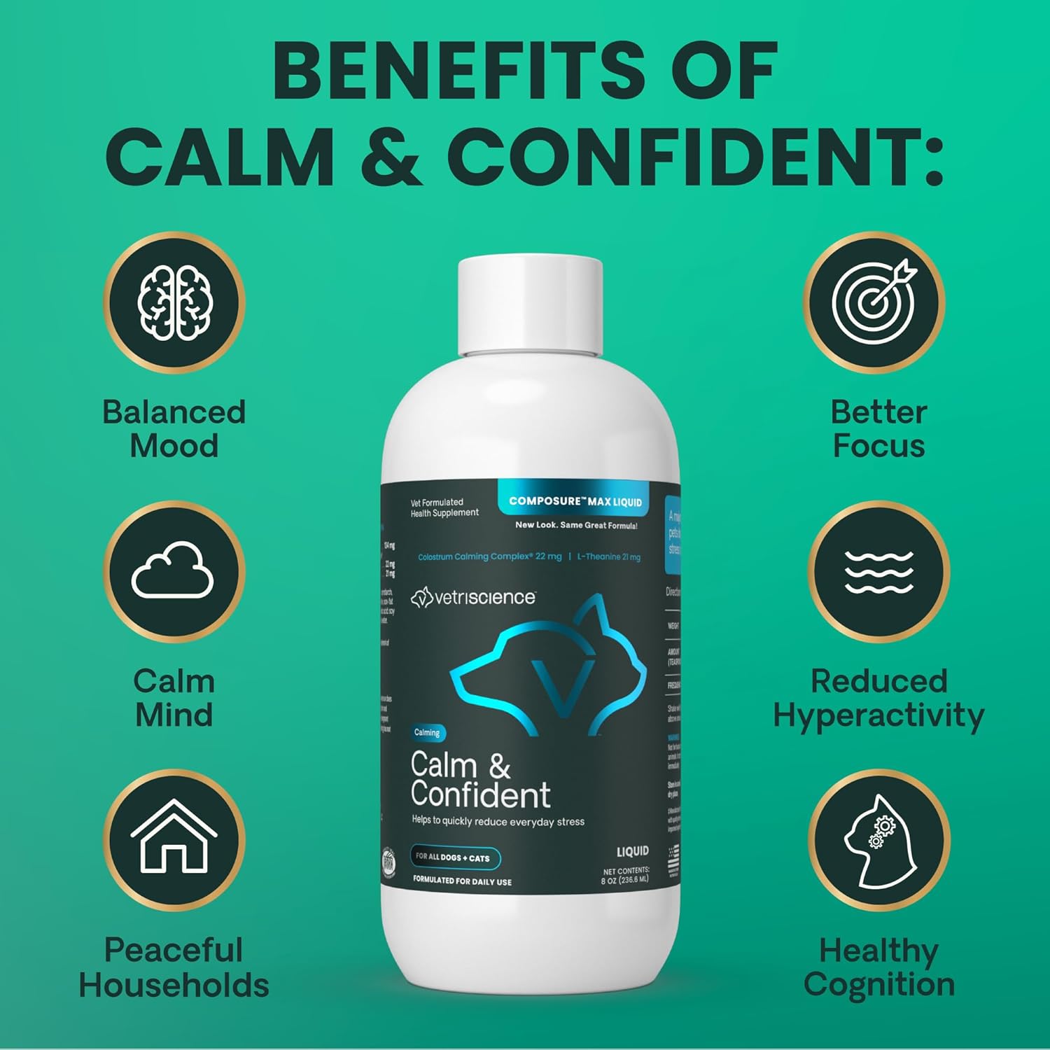 VetriScience Calm & Confident Liquid, Composure Calming and Anxiety Supplement for Dogs and Cats, Reduce Stress and Fear, Ideal for Thunderstorms, Fireworks, Vet & Routine Changes, Unflavored, 8 oz