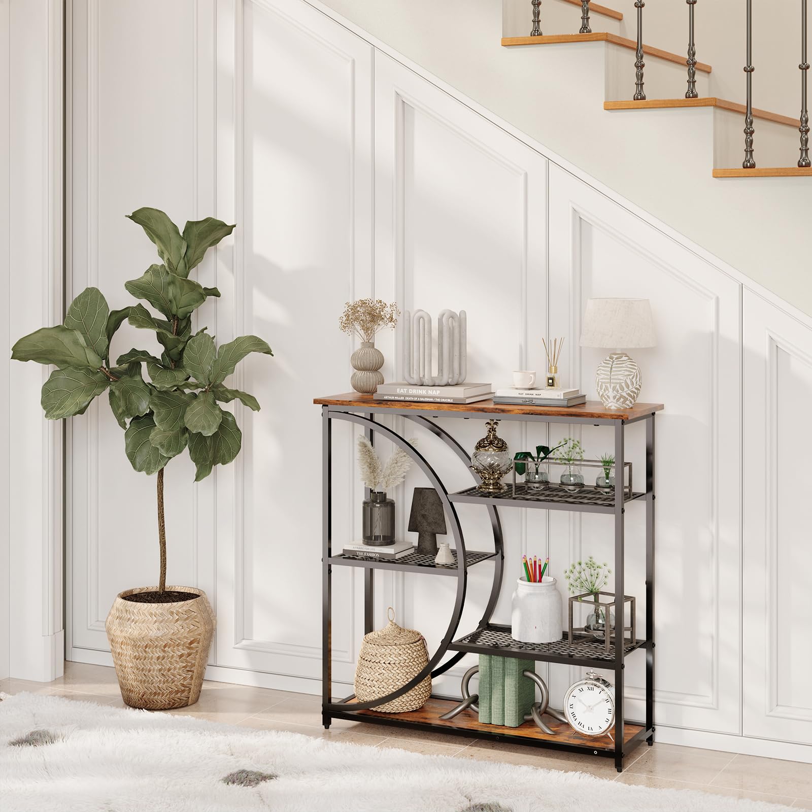 HavenlyYouth 75 cm Eingangstisch, Schmaler Konsolentisch, Industrieller Sofatisch mit 5-Stufigen Ablagefächern, Eingangstisch für Flur, Hinter der Couch, Wohnzimmer, Foyer