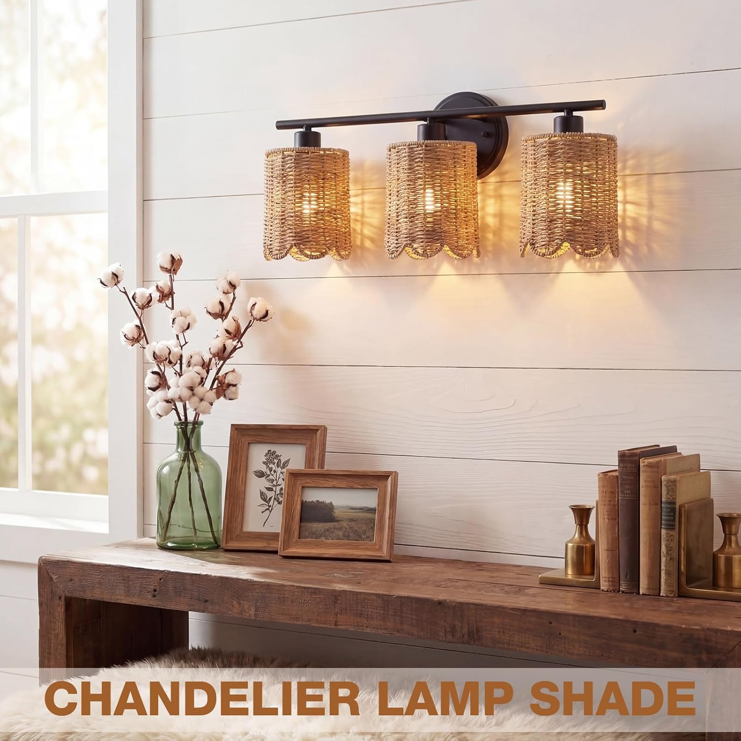 Glooglitter 2 Pcs Rattan Lamp Shade Small Scalloped Lampshade with E14 Adapter Ring Drum Lamp Shade E26 E27 5.9 x 4.8 in Lampshade Light Cover Chandelier Floor(Woven,Natural,Paper Rope)