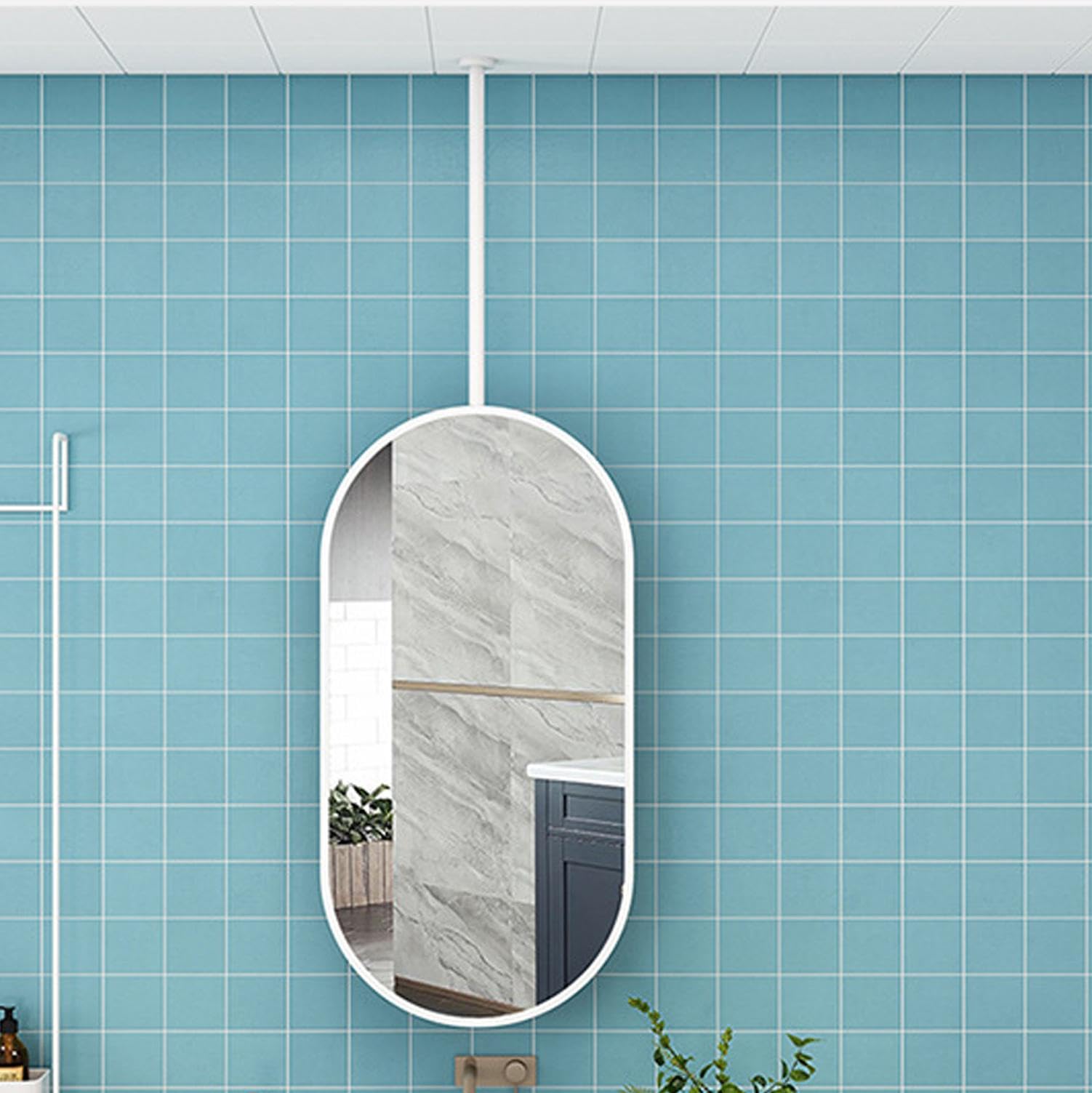GLJTUO Oval Metal Ceiling Mirror, High-Definition Decorative Hanging Mirror for Bathroom, Pole Suspension Design,White-40cmx60cm