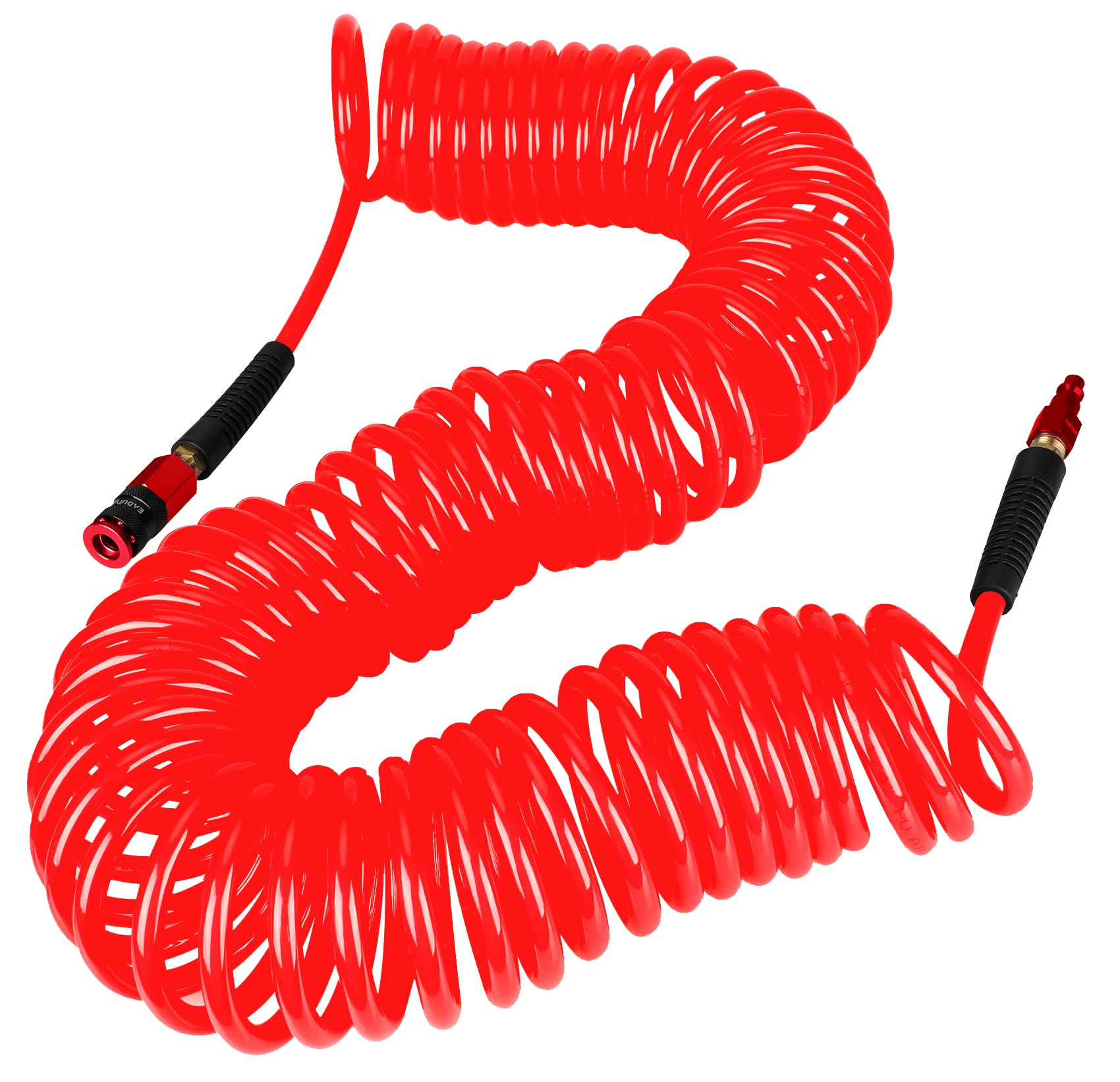 EADUTY Heavy Duty Polyurethane Recoil Air Hose 1/4 in x 50 ft, Lightweight, Flexible Compressor Hose with Universal Quick Coupler, I/M Plug and Bend Restrictors, Red
