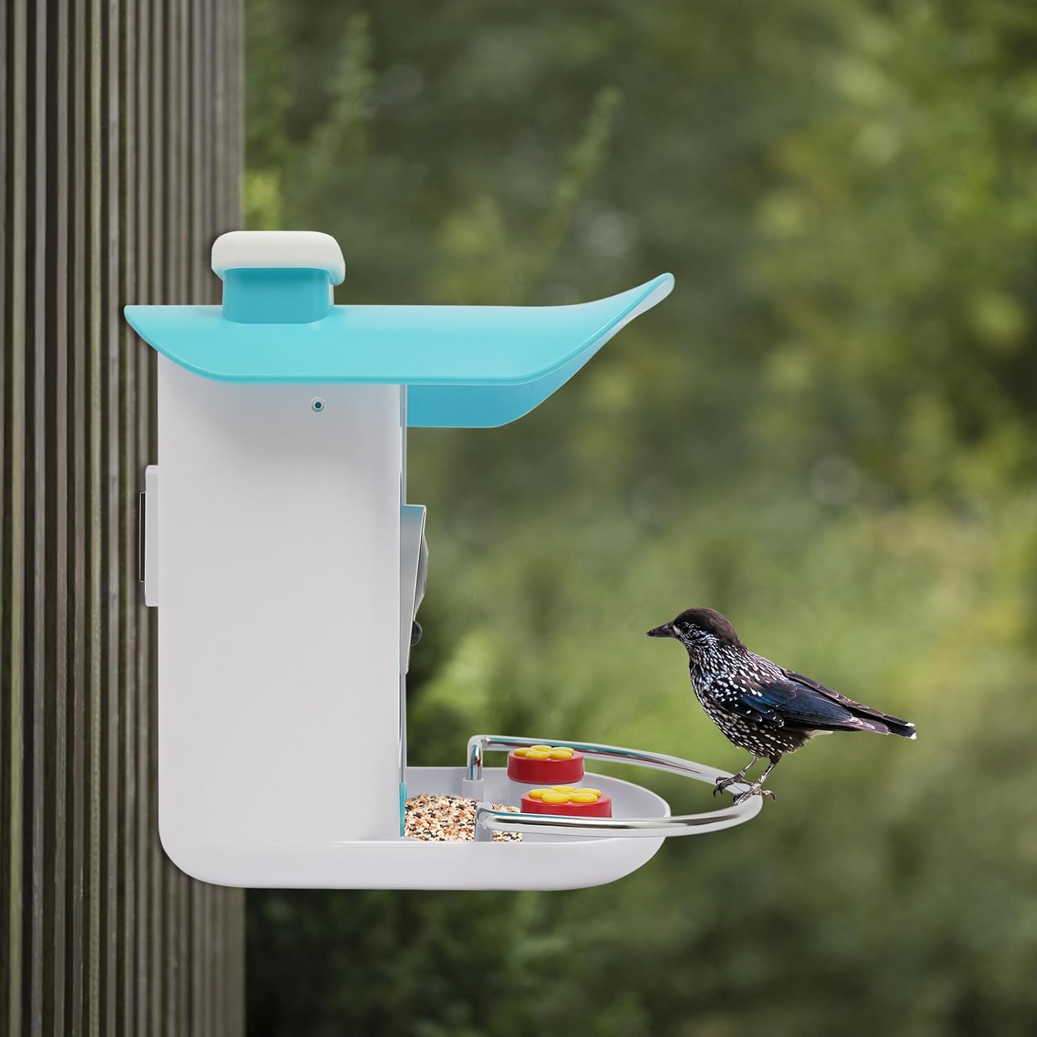 Bird Feeder with Camera, 1080P 2MP 150° Wide Angle Smart Bird Feeder with Camera Solar-Powered Outdoor WiFi Video Birds Watching Camera for Elders, Birds Lovers (Blue&Whit)