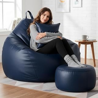 4XL Bean Bag Chair with Footrest & Cushion | Pre-Filled Beans | PVC Leatherette Lounger Sofa | Indoor & Outdoor Bean Bag with Pocket & Handle | Double Stitching | 6 Months Warranty Color- (Navy Blue)