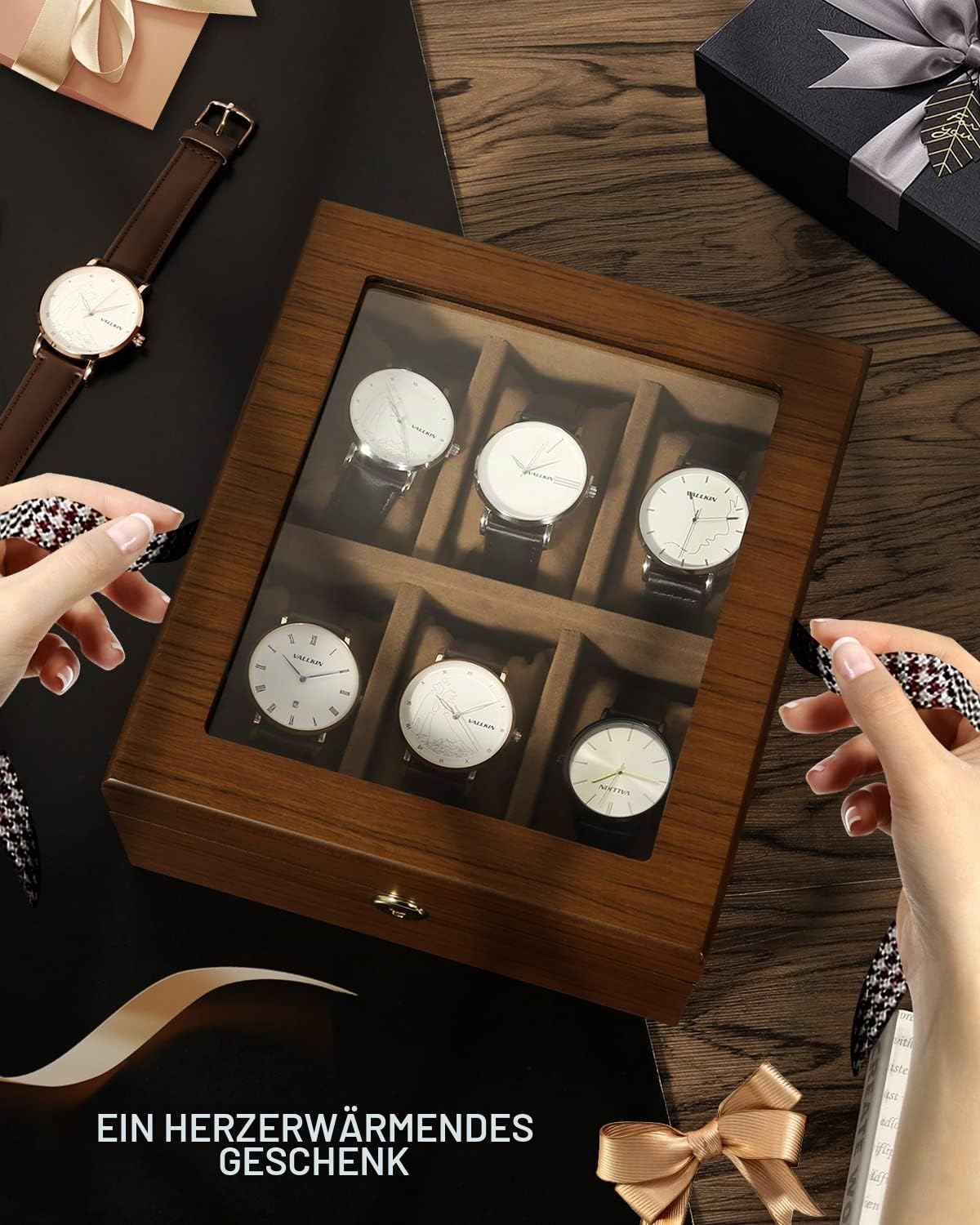 Uten Uhrenbox Holz für 6 Uhren, Uhrenkasten mit Schlüssel,Weiche Kissen & goldenes Schloss, Große Kapazität, Uhrenkoffer als Geschenkidee für Herren und Damen