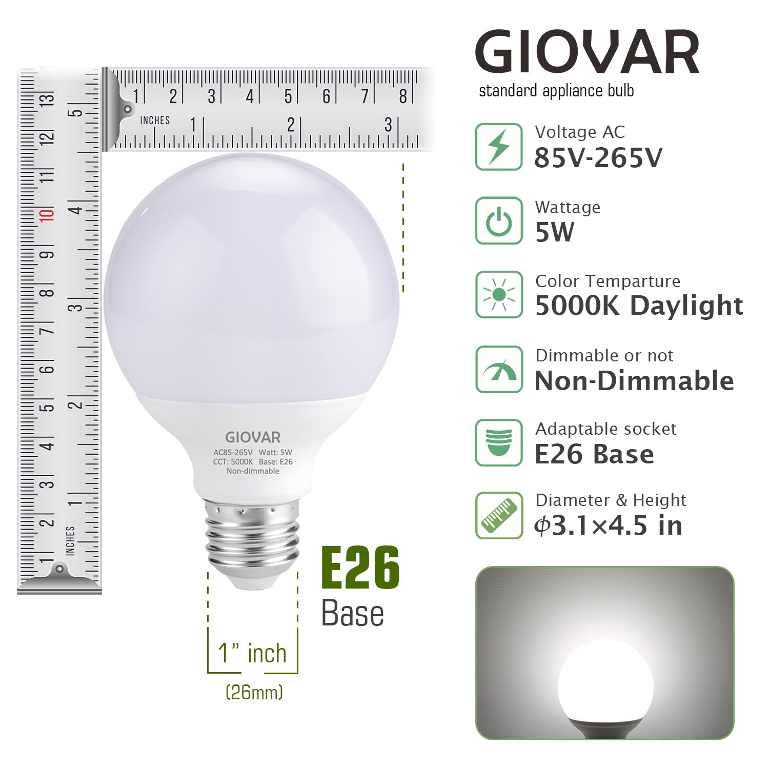 8-Pack G25 LED Globe Light Bulbs Daylight 5000K 120V 40W Equivalent LED Vanity Light Bulbs for Bathroom Mirror — view 2