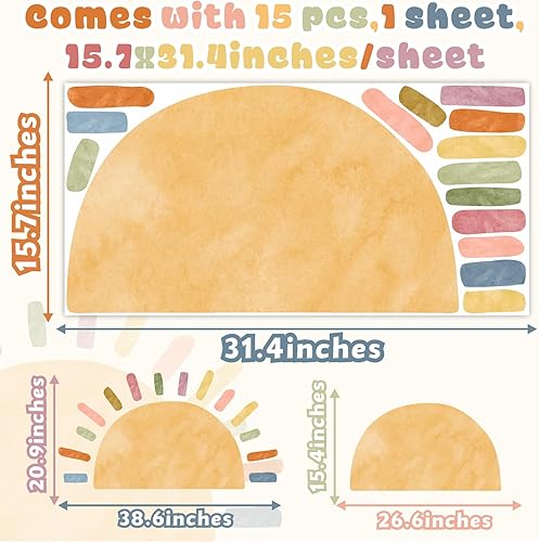 Miniatura 4 de Calcomanía de pared de acuarela grande con sol, diseño bohemio, para despegar y pegar, colorido arco iris, sol, calcomanías de pared extraíbles para