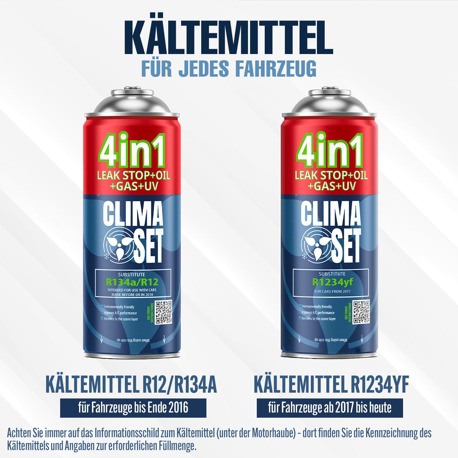 CLIMASET - 2 x 4in1 R134a Kältemittel, Öl, Dichtmittel mit UV Farbstoff - Auto Klima Selbst Befüllen Set und Leckortung - Nachfüllset, Autoklima Nachfüllen