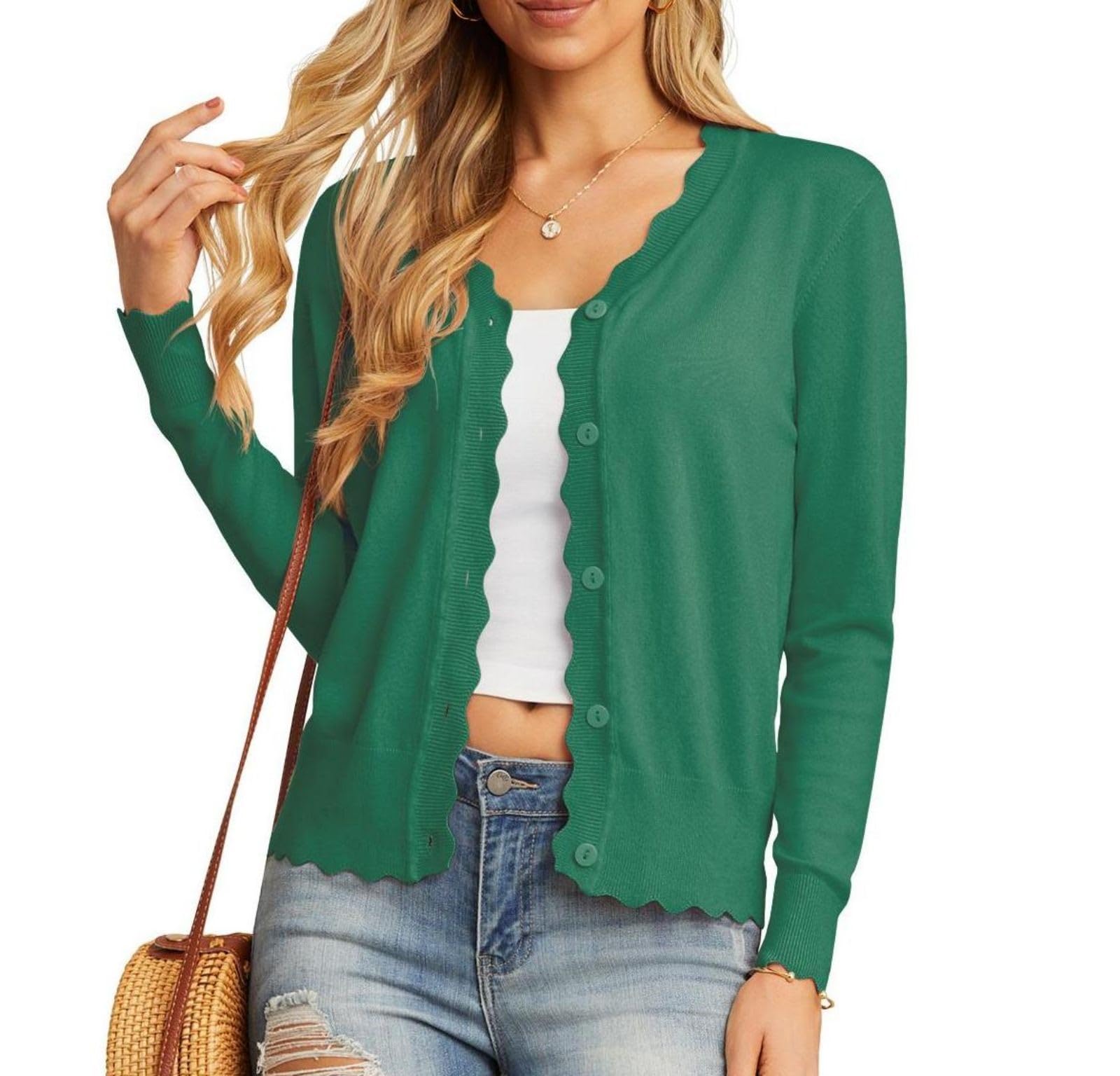 GRECERELLE Strickjacke Damen mit Knöpfen und V Ausschnitt Leichte und sommerliche Cardigan Damen Eleganter mit Spitze (Dunkelgrün, L)