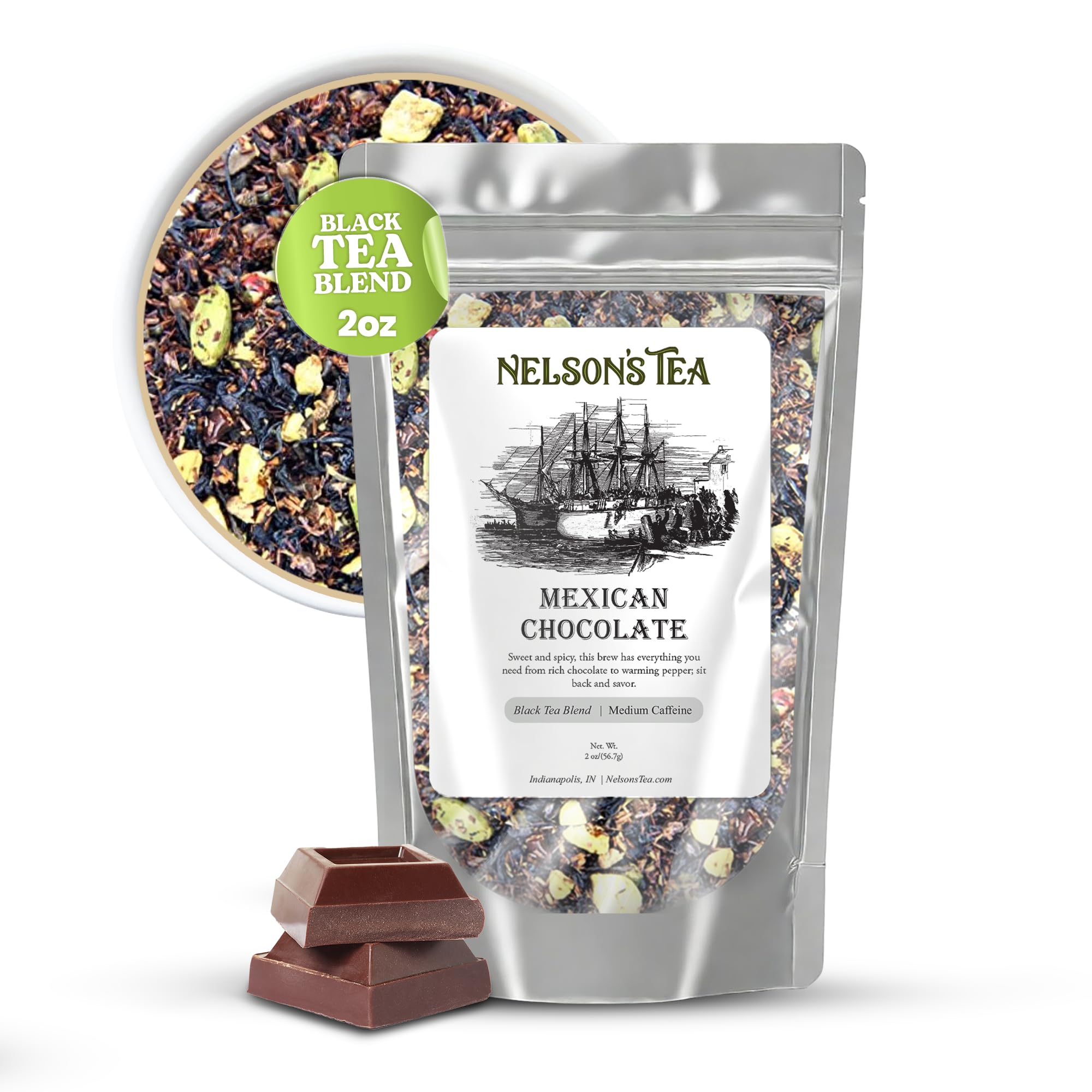 Nelson's Tea - Mexican Chocolate Tea Loose Leaf with Red Rooibos Tea, Black Tea Blend, Carob Beans, Ginger, Chocolate Chips, Pepper, Cardamom (2 oz)