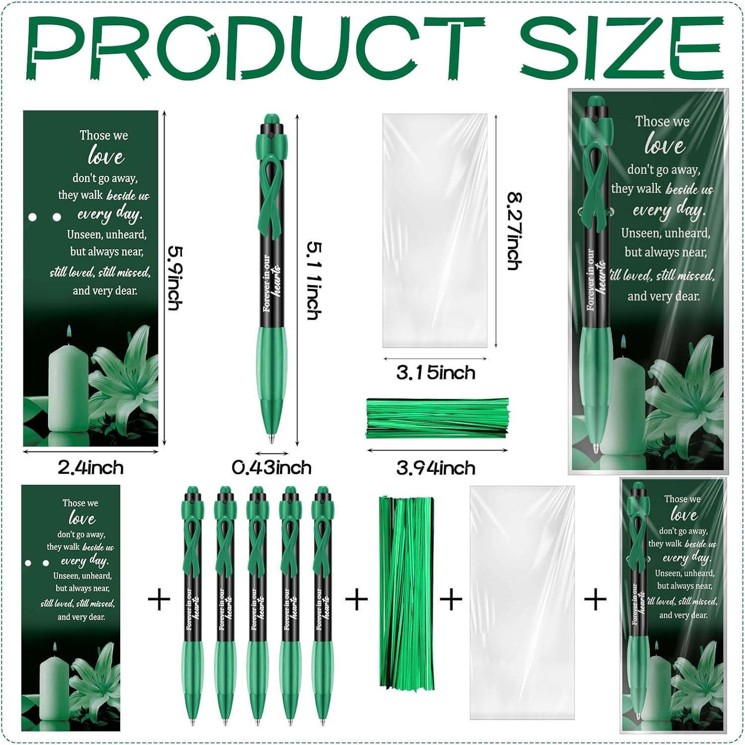 Sayglossy 60 Set Memorial Funeral Supplies for Guest Thank You- 60 Funeral Ballpoints and Prayer Cards, 100 Bags & Twist Ties, Sympathy Gift for a Memorial Service Ribbon Awareness (Green)