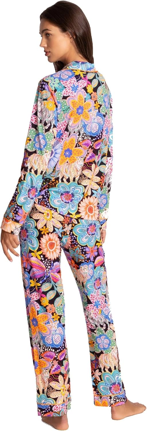Johnny Was Carly Caetana Pj Set Long Lounge Floral Sleepwear Black Blue 2 pc NEW - Image 3