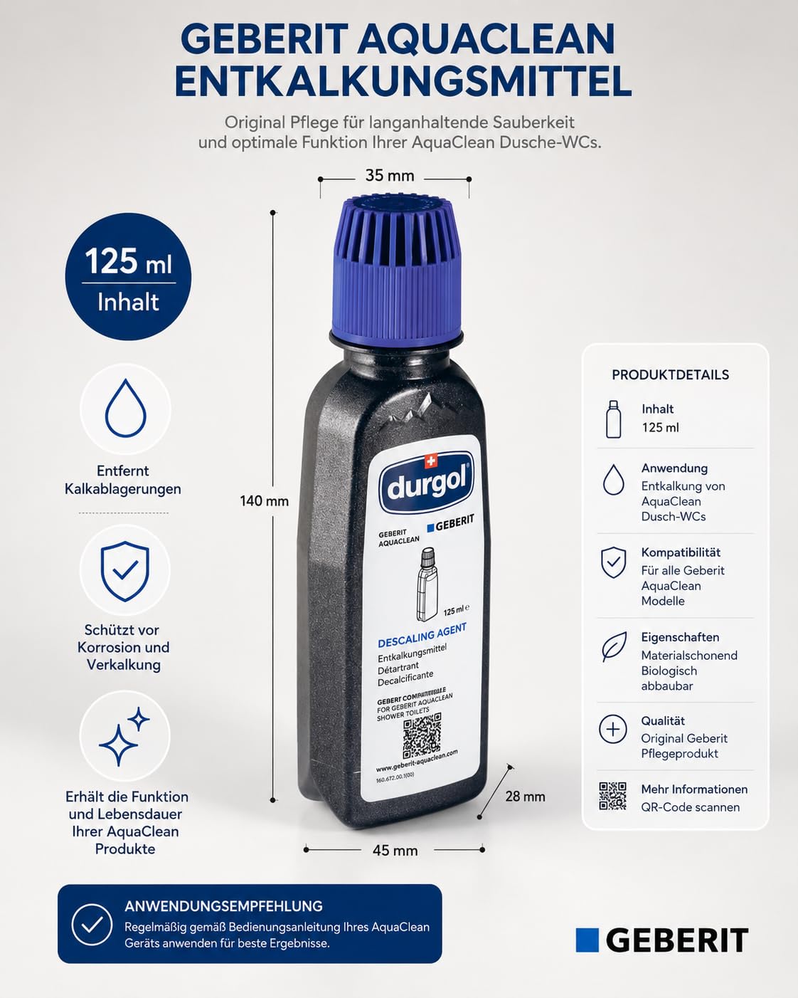 Pflege-Set für Geberit AquaClean Dusch-WC, Reinigungsmittel 500 ml + Entkalkungsmittel 4 x 125 ml + Mikrofasertuch 40 x 40 cm, materialschonend und gebrauchsfertig