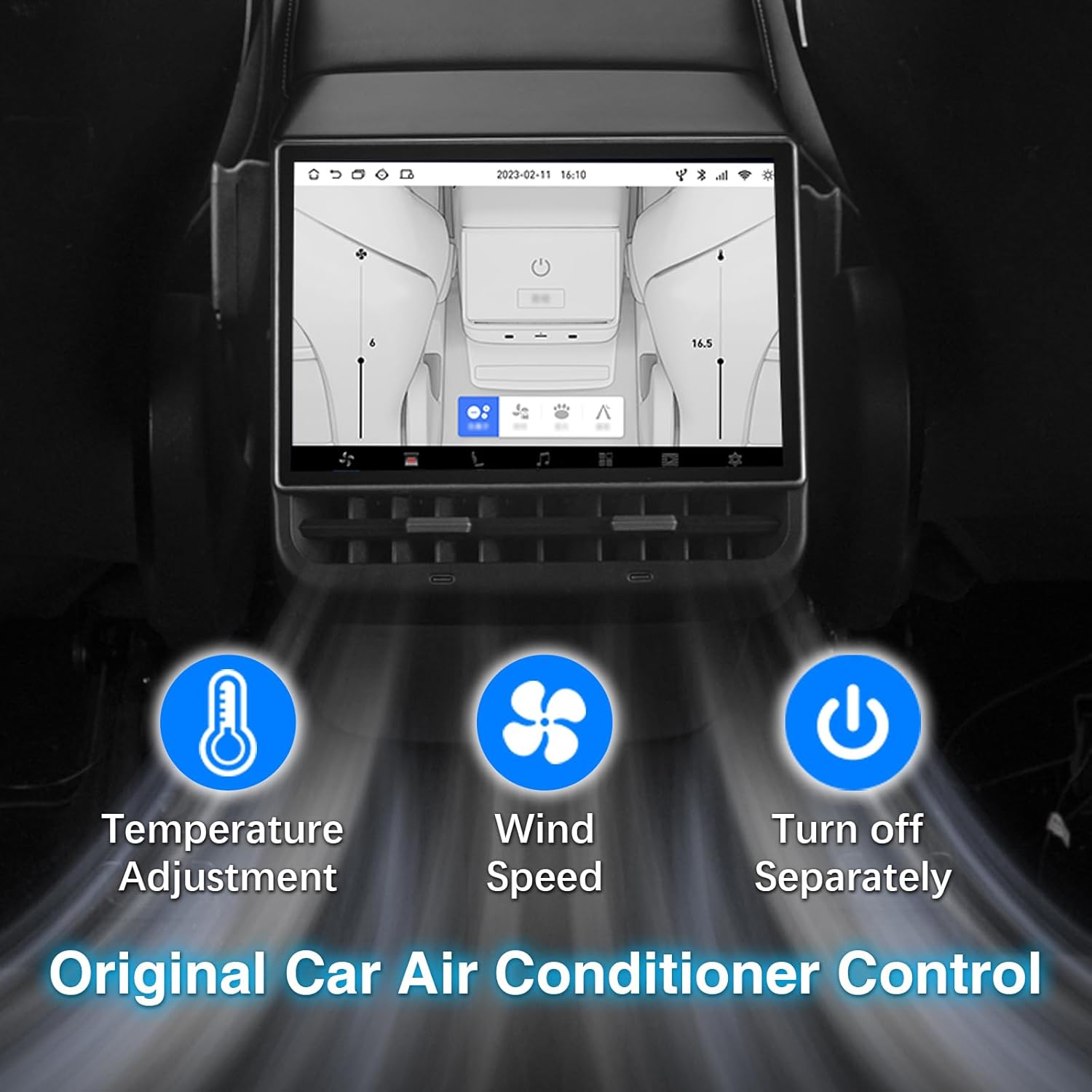 Rear display screen showing air conditioning controls with icons for temperature, wind speed, and power.