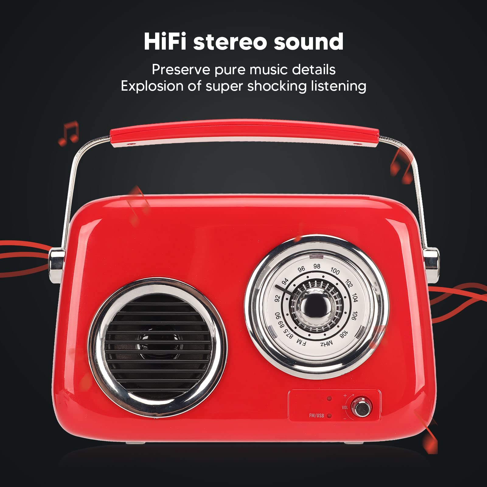 Radio Rétro FM/USB/AUX avec Radio Portable Stéréo HiFi Bluetooth 5.0 avec Haut-Parleur de Batterie 1500 MAh, Nostalgique pour Cuisine, Bureau, Maison (Rouge)