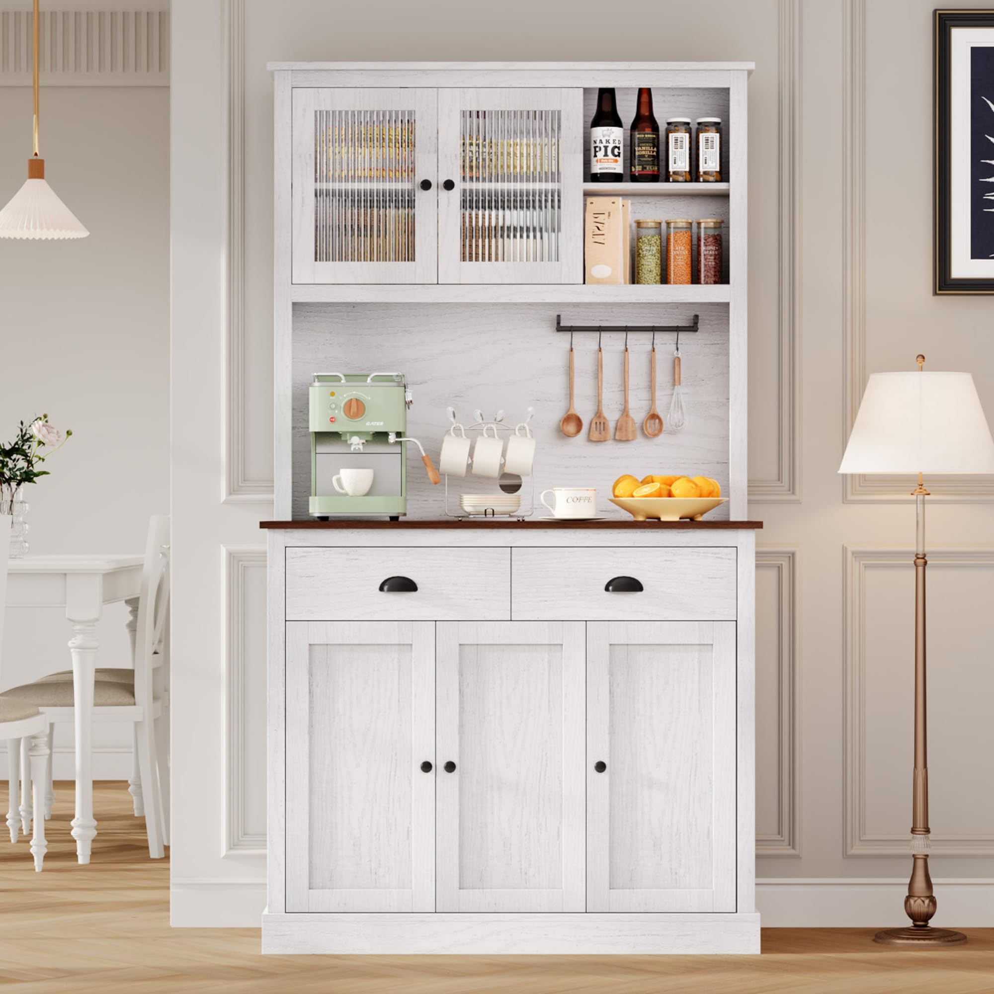 Moderner Küchenschrank, 180 cm – 5 Türen, 2 Schubladen, Vitrine – verstellbare Regale – ideal für Küche und Esszimmer – Washed White