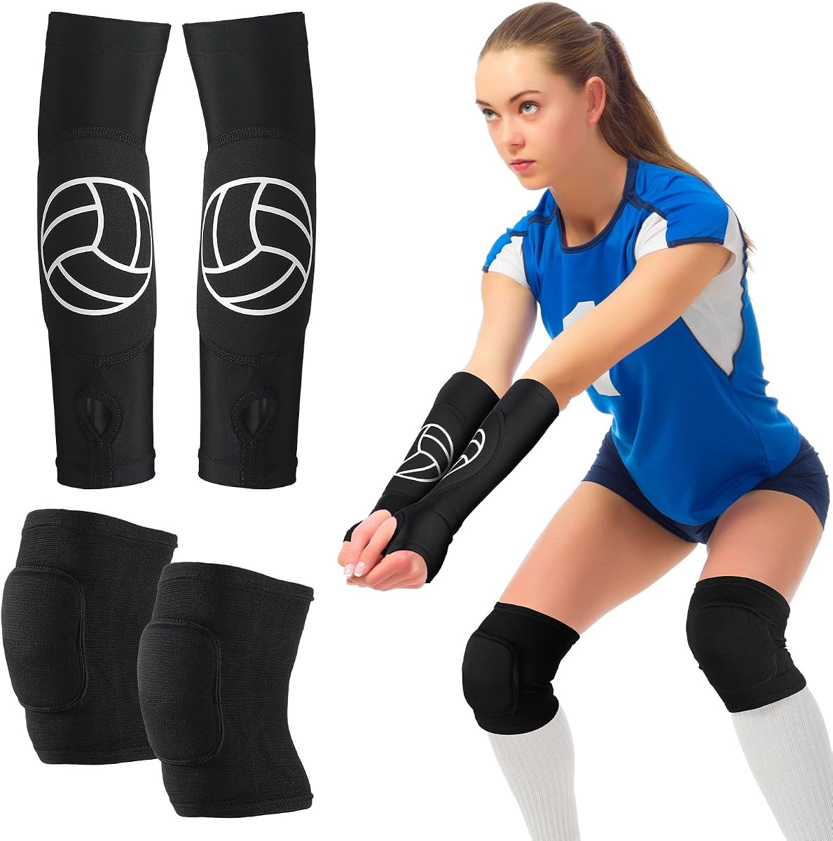 1 Set Volleyball Knee Pad and Arm Sleeve Volleyball Accessories Stuff Forearm Elbow Sleeve Wrist Guard with Protection Pad and Thumb Hole for Women Men Adult(Classic)