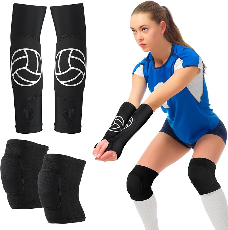 1 Set Volleyball Knee Pad and Arm Sleeve Volleyball Accessories Stuff Forearm Elbow Sleeve Wrist Guard with Protection Pad and Thumb Hole for Women Men Adult(Classic)