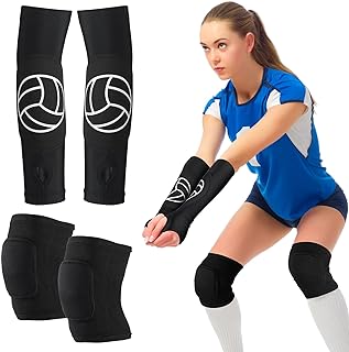 1 Set Volleyball Knee Pad and Arm Sleeve Volleyball Accessories Stuff Forearm Elbow Sleeve Wrist Guard with Protection Pad and Thumb Hole for Women Men Adult(Classic)
