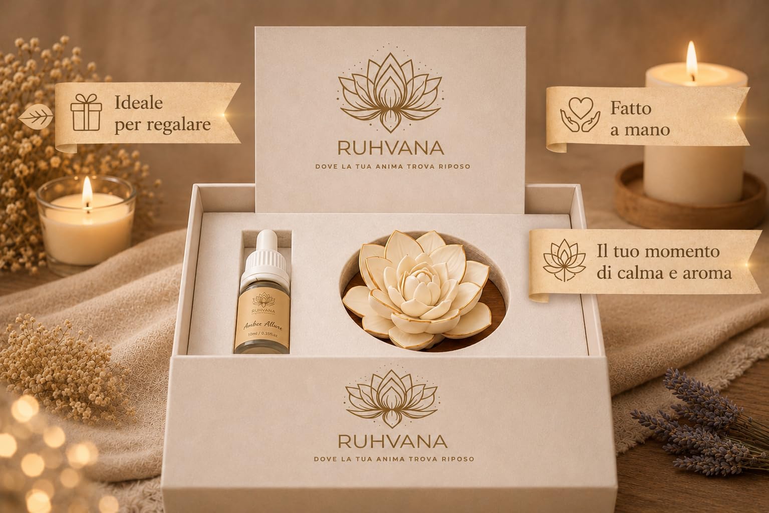 Lotus Aroma Diffusore – Pietra profumata fatta a mano in gesso con base in legno | Aromaterapia naturale senza elettricità | Include olio profumato Amber Serenity da 10 ml