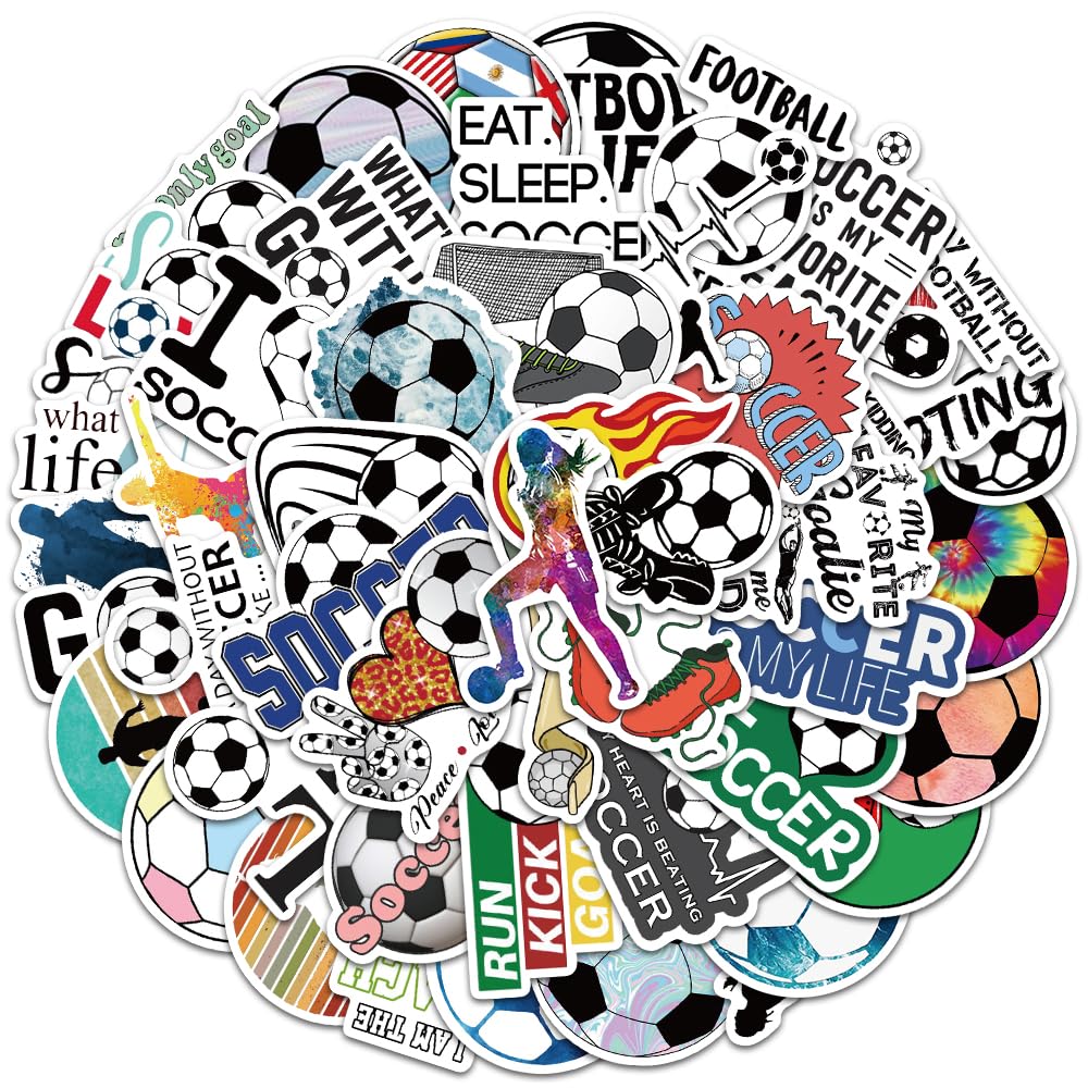 Soccer Stickers for Water Bottles, I Love Soccer Stickers for Kids, Boys, Teens, Adults, 50PCS Vinyl Waterproof Stickers Bulk Gift, Soccer Sports Party Favors, Soccer Decorations (Soccer)