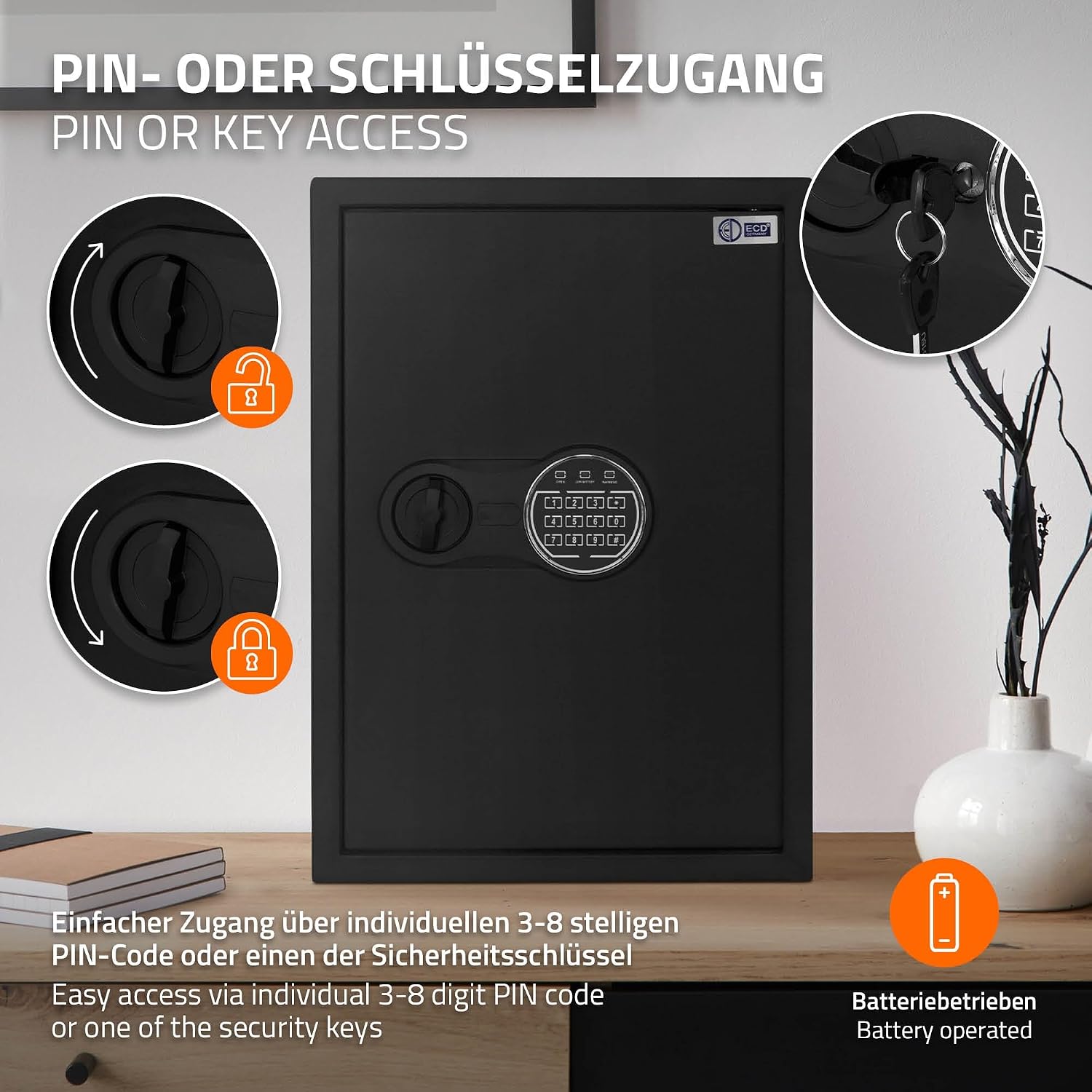 Image illustrating how to access the safe using either the PIN code or the security key.