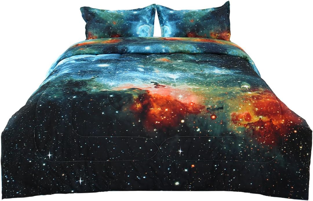 uxcell Full/Queen Size Galaxies Blue Comforter Sets - 3D Outer Space Themed - All-Season Down Quilted Duvet - Reversible Design- Includes 1 Comforter, 2 Pillowcases