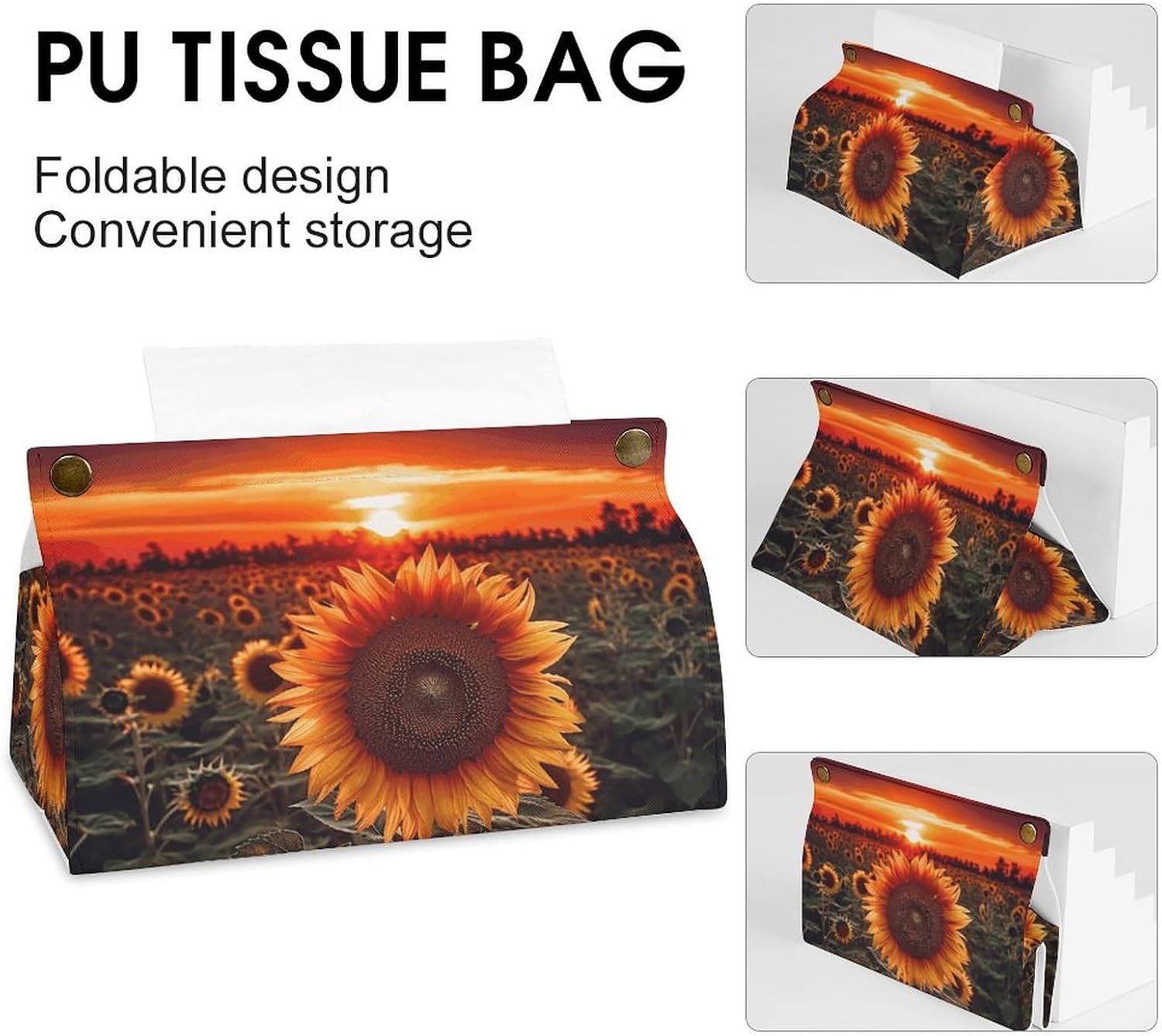 Sunset SunflowerTissue Box Cover for Bathroom, PU Tissue Holder for Vanity Countertop, Paper Organizer Dispenser, Personalized Tissue Case for Office, Car, Tabletop image 4