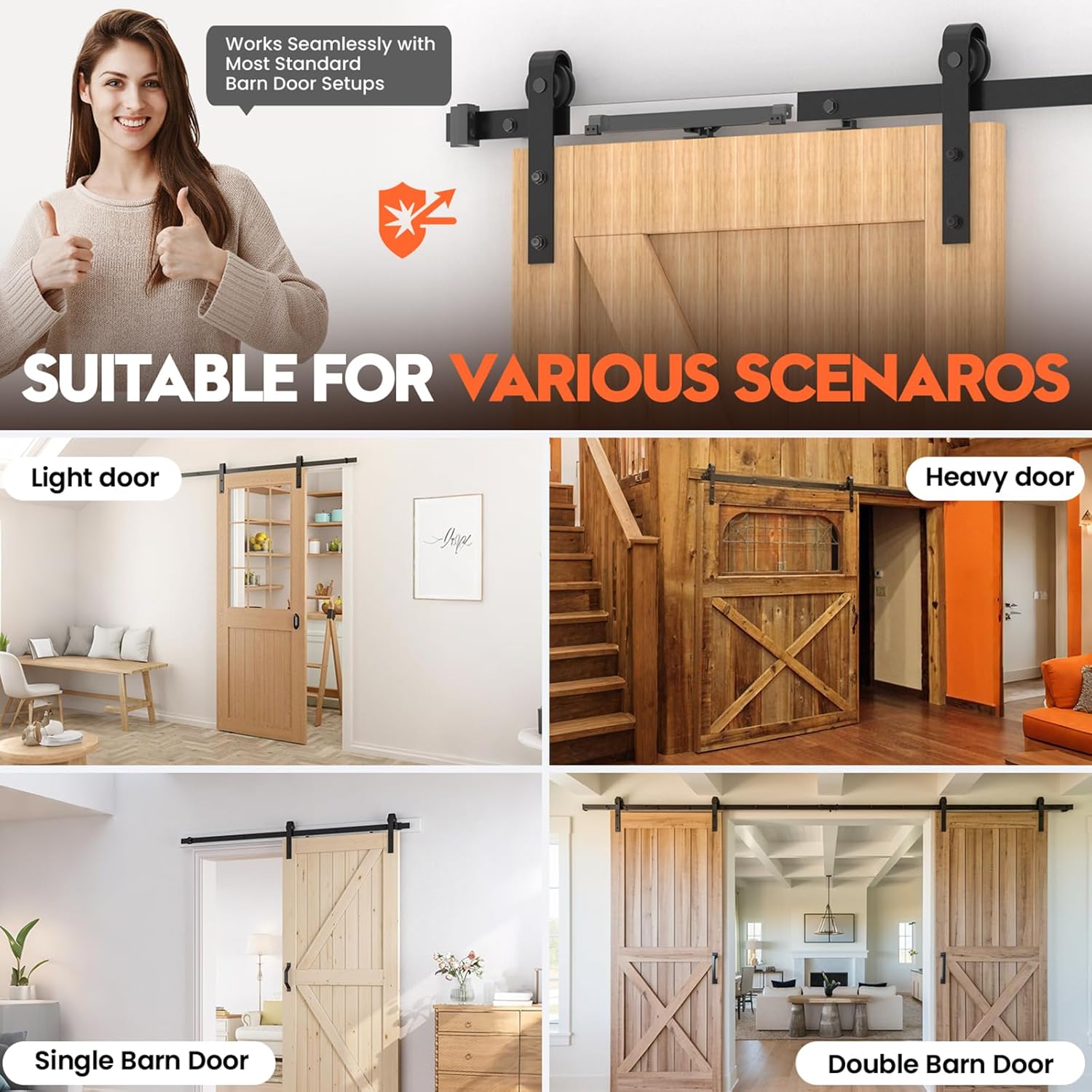 Barn Door Soft Close Hardware Kit - Upgrade Adjustable Stopper & Damper for Sliding Doors 88-132 lbs,Universal Fit for Top Track Systems No Hole Installation Includes Spacers(4 Pack, Black)
