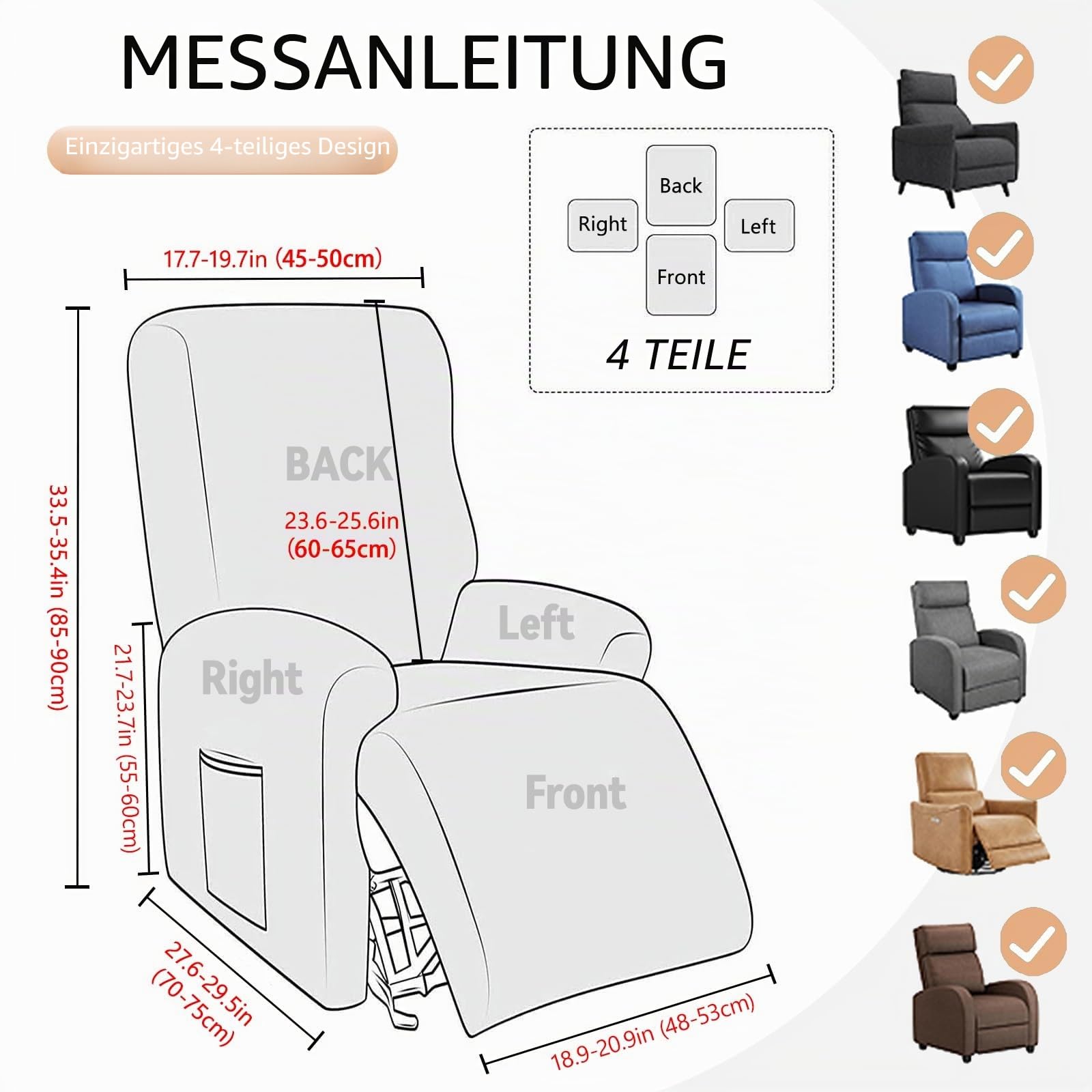 Sesselschoner Für Relaxsessel, 4-Teilig, Dicker Jacquard Dehnbarer Sesselbezug Mit Taschen, Fernsehsessel Bezug, Sessel überzug Für Kinder Hunde Und Haustiere(Yellow)