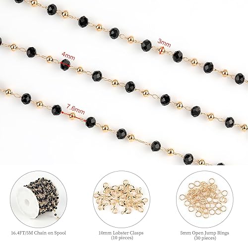 Miniatura 2 de KYUNHOO Cadena de cuentas negras de 16.4 pies para hacer joyas, cadena de rosario de latón chapado en oro en carrete con palmadas de langosta y