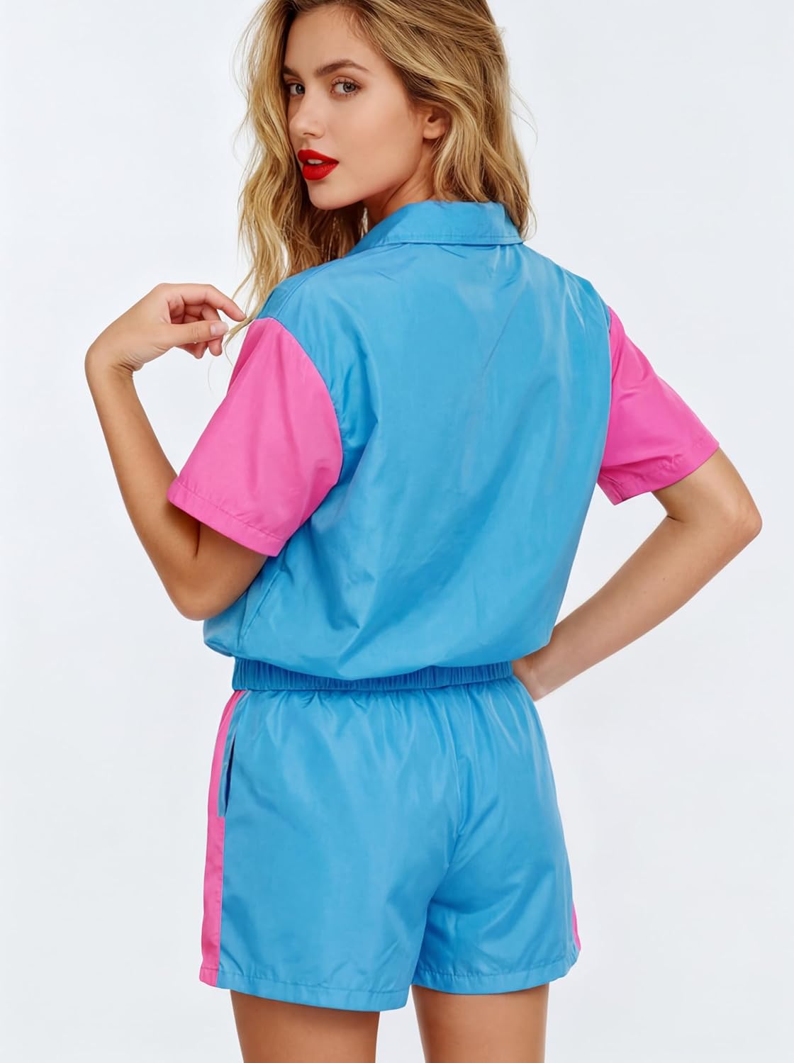 SOMSOC 3 Pieces 80s Tracksuit for Women Windbreaker Short Set with Fanny Pack Color Block Outfits for 80's 90's Party Costume - Image 3