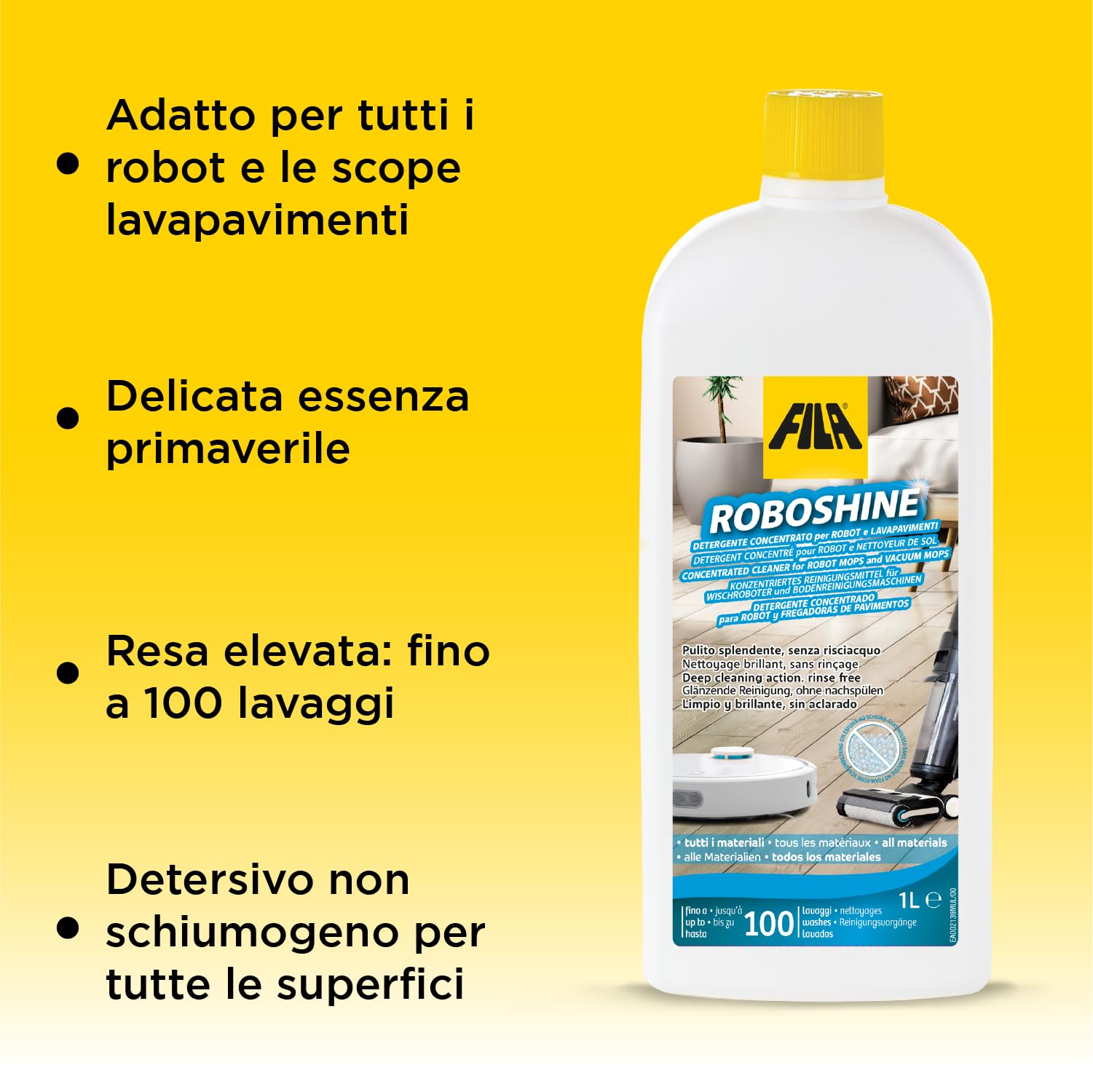 Fila Surface Care Solutions, ROBOSHINE, Detergente per Tutti i Robot Aspirapolvere Lavapavimenti e Lavasciuga Pavimenti, Fino a 100 Lavaggi, Detersivo Pavimenti per Ogni Tipo di Superficie, 1L