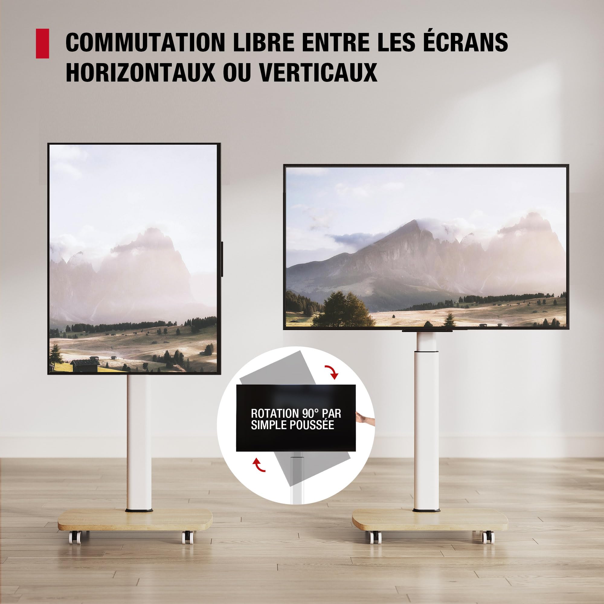 AOKCOS Support TV roulettes avec Base en Bois pour TV de 32-65 Pouces Horizontal et Vertical-Support TV sur Pied Plus Haut 1306-1626 MM Inclinaison 12° jusqu'à 35 KG Max. VESA 400x400mm