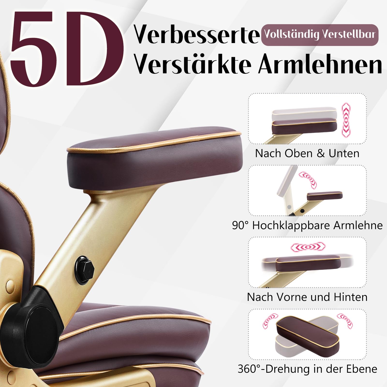 Bürostuhl, Chefsessel Ergonomisch bis 230kg, Big and Tall Schreibtischstuhl mit 5D-Armlehnen, Schwerlast Hoher Rücken mit Verstellbare Lendenstütze für Büro & Home Office, Leder Braun