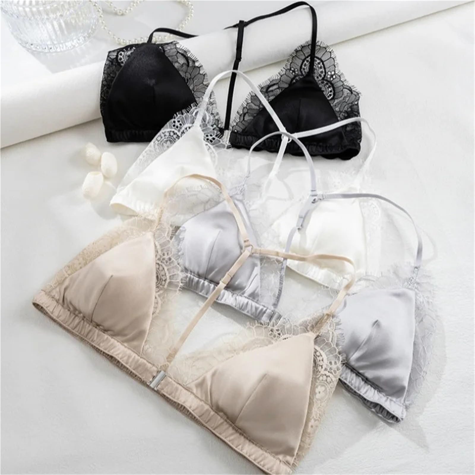 Sujetador de Encaje for Mujer del 93% Seda el 7% Spandex, Bralette con Cierre Delantero Copa Triangular sin Hilos, Ropa Interior