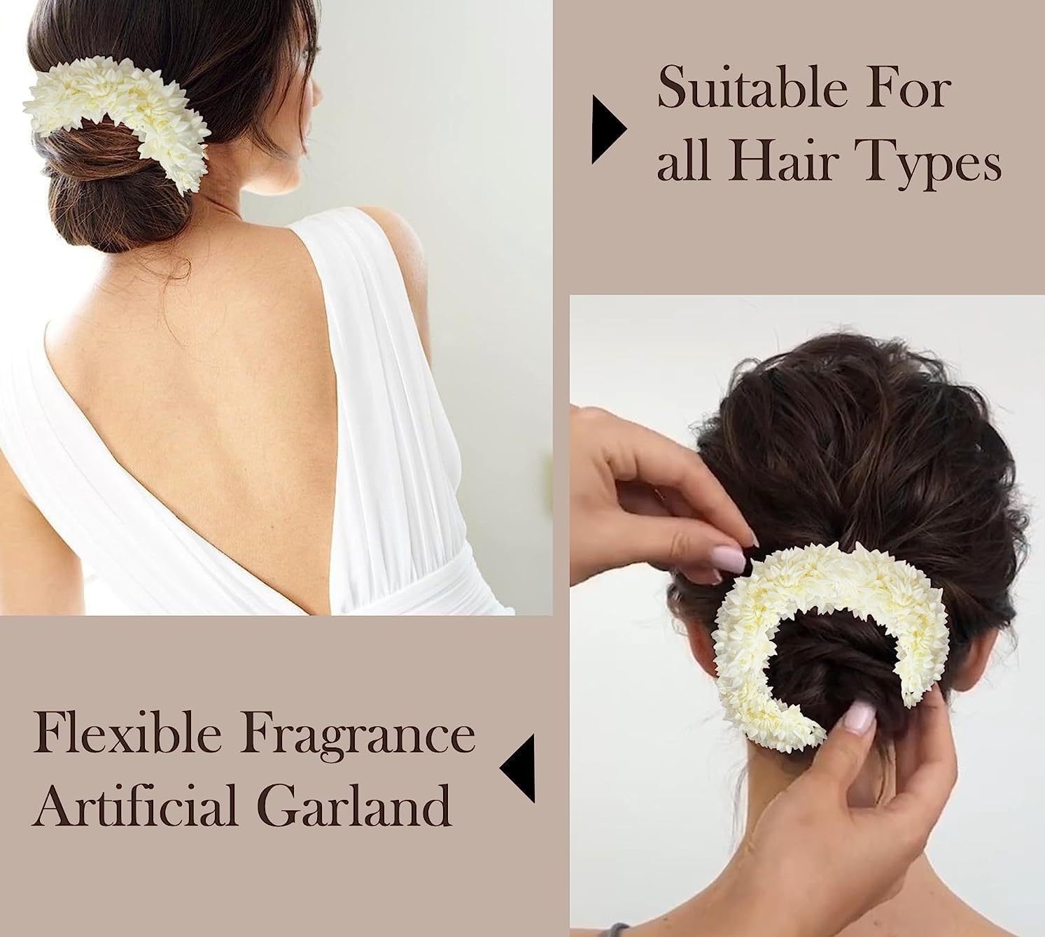 Mogra Scented Hair Rubber Band Gajra for Women & Girls-Artificial Jasmine Flower Hair Accessory | Traditional Floral Hair Bun Decoration (White, 6 Pcs)