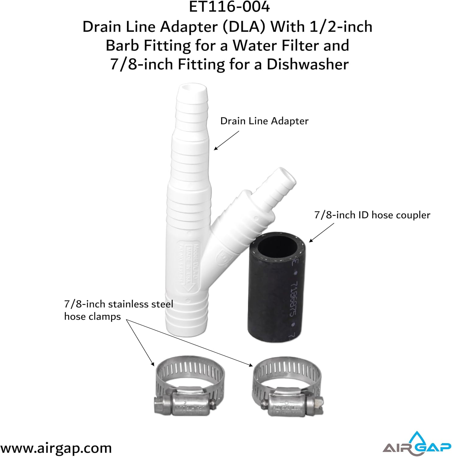 Drain Line Adapter (DLA) With 1/2-inch Barb Fitting for a Water Filter and 7/8-inch Fitting for a Dishwasher (ET116-004, D-50B, DLA-D)