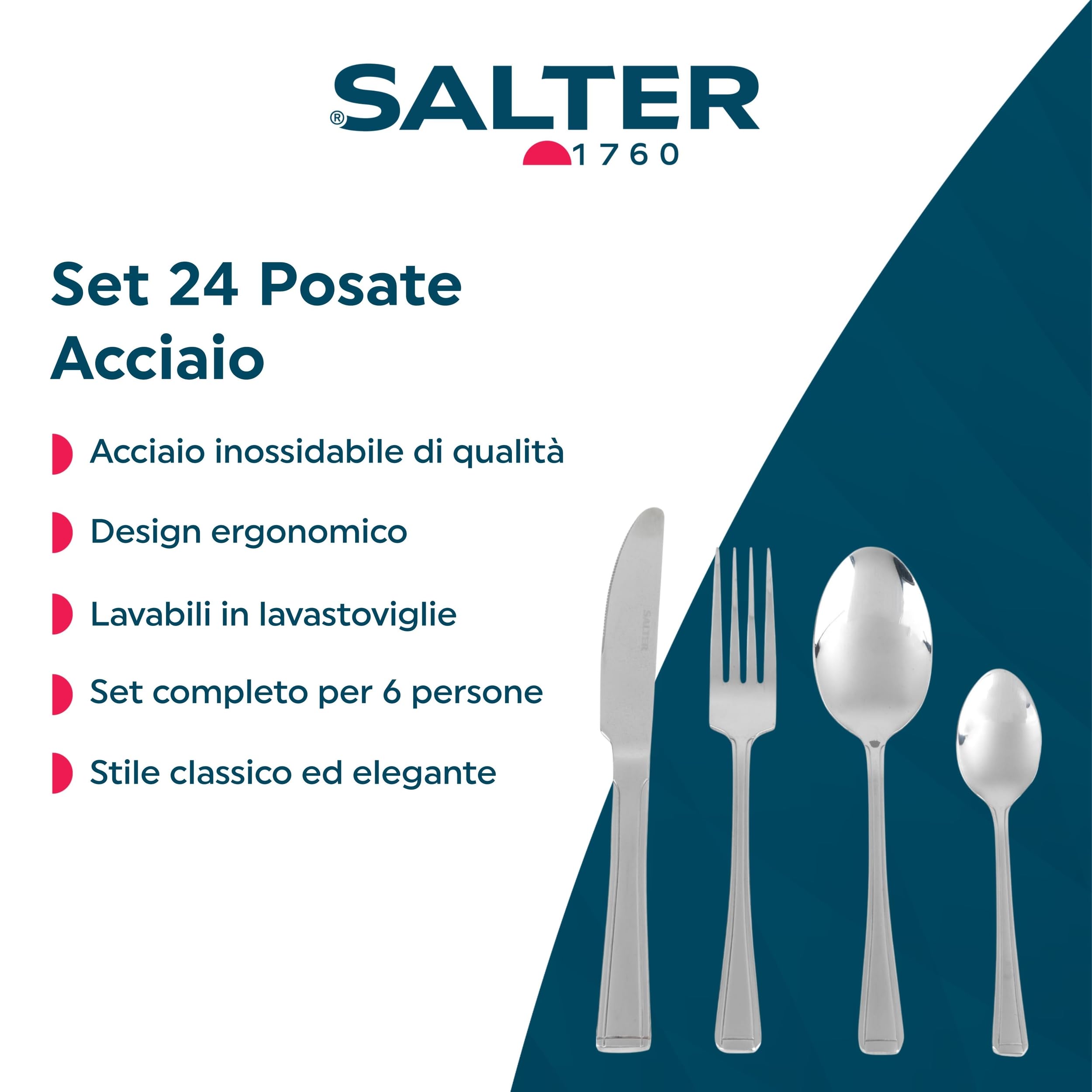 Salter Buxton Set di posate 24 pezzi - Servizio in acciaio inox per 6 persone, stoviglie con forchette, coltelli, cucchiaini e cucchiai da tavola, posate lavabili in lavastoviglie, BW031401HSMFOB