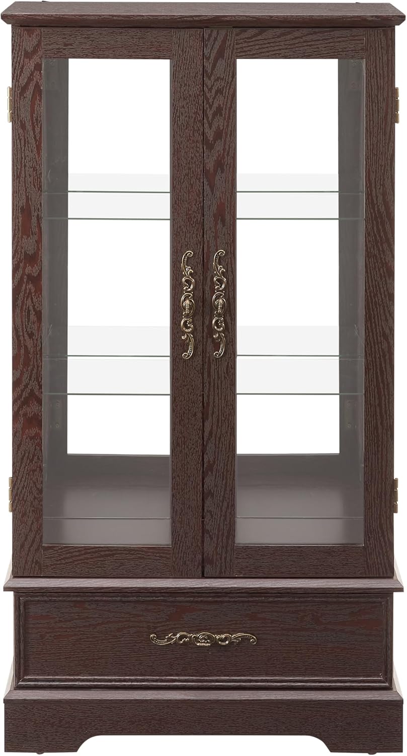 Classic Retro American Antique cabinets, Display Cases with Two Tempered Glass Doors, Display Cases with Mirrors on The Back. Wooden Window Cabinet. Light Bulb Included (Cherry-1 Drawer)